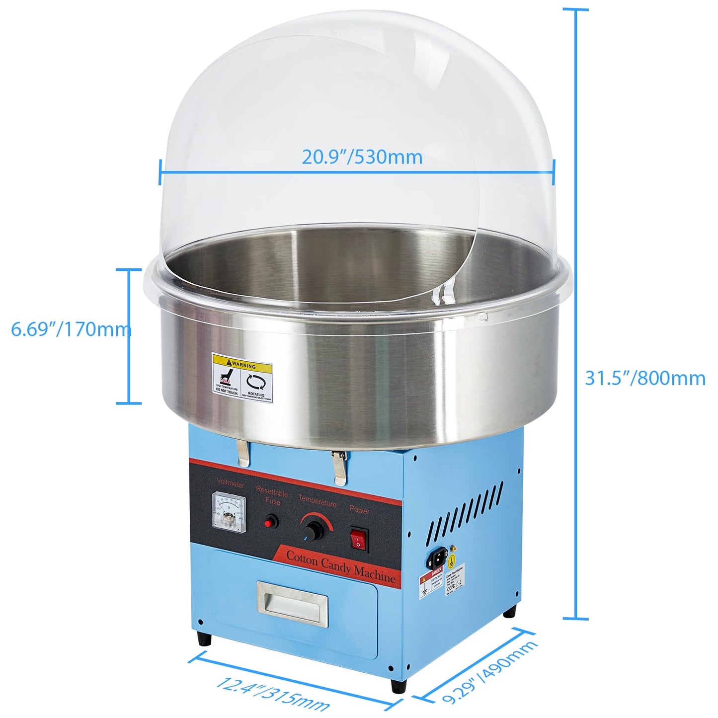 MilleLoom Electric Cotton Candy Machine with Cover - 1000W Commercial Floss Maker, Stainless Steel Bowl, Sugar Scoop, Drawer, Ideal for Home, Carnival, Kids Birthday, Family Party(Blue)