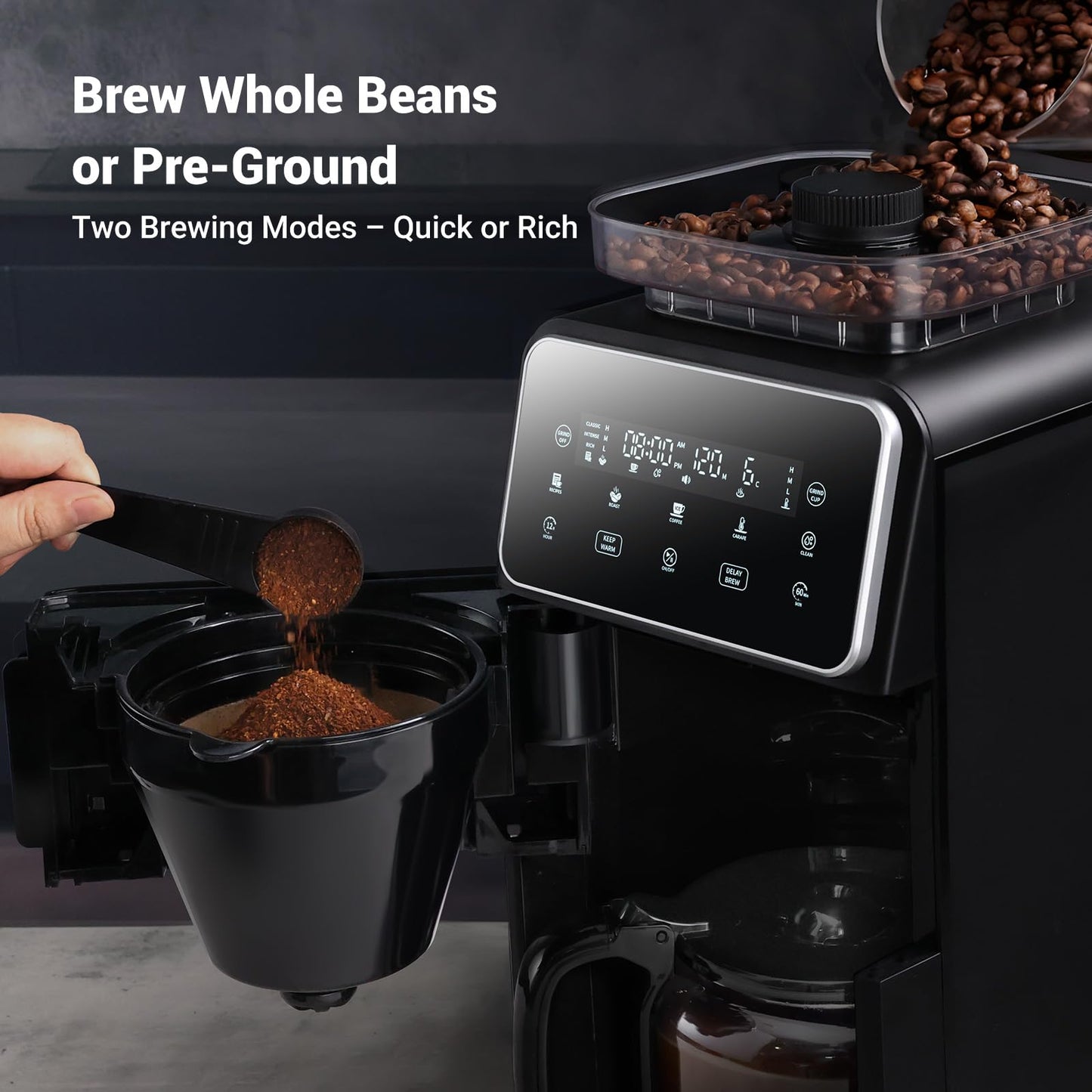 Gevi 10 Cup Drip Coffee Maker with Built-in Grinder, Grind ＆ Brew Burr Combo Coffee Machine with Touch Screen, Programmable, 4-Hour Warm Plate, Permanent Filter, Coffee Carafe