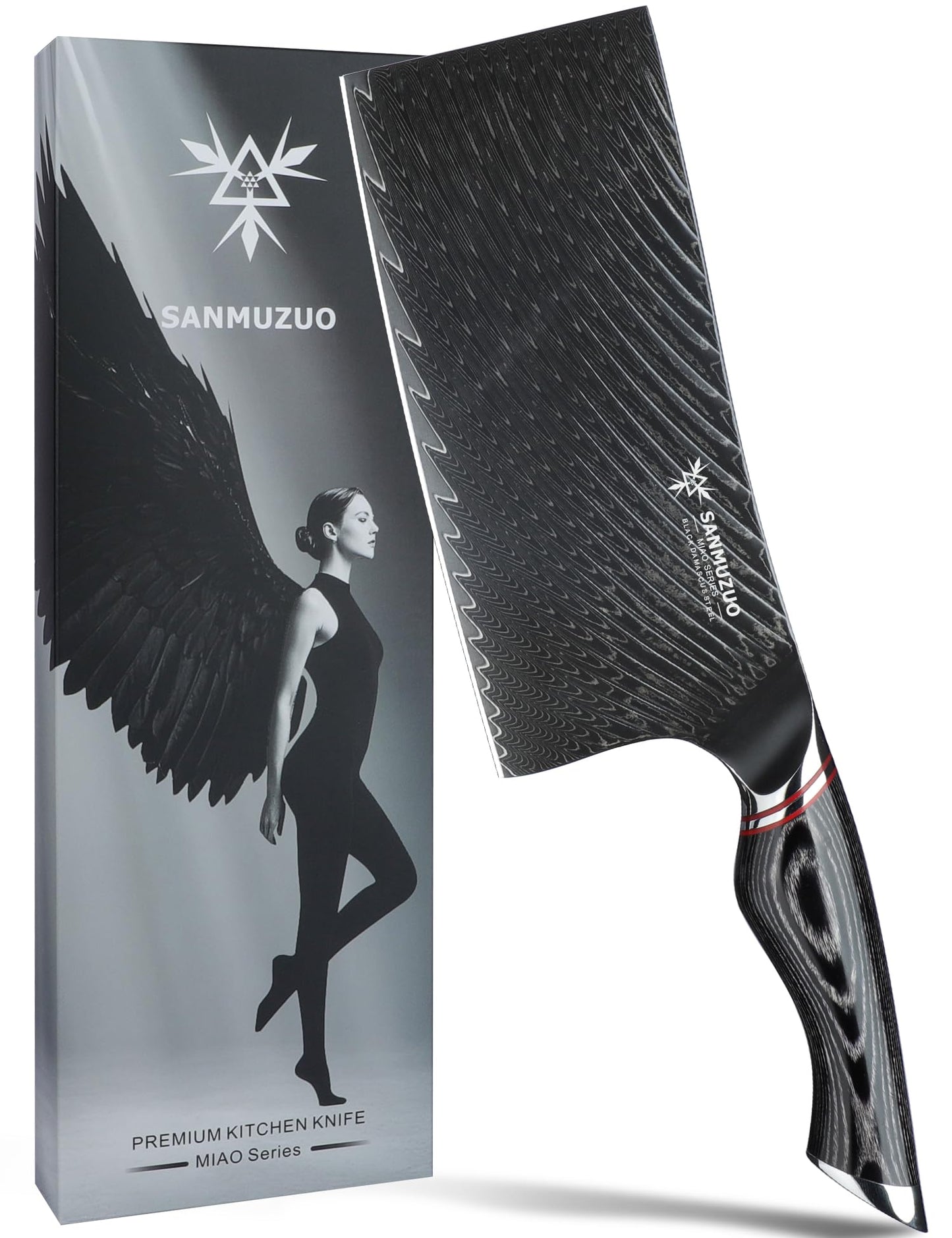 SANMUZUO 7 Inch Meat Cleaver Knife - Chinese Kitchen Vegetable Cleaver - Black Damascus Steel with Ergonomic Handle - MIAO Series