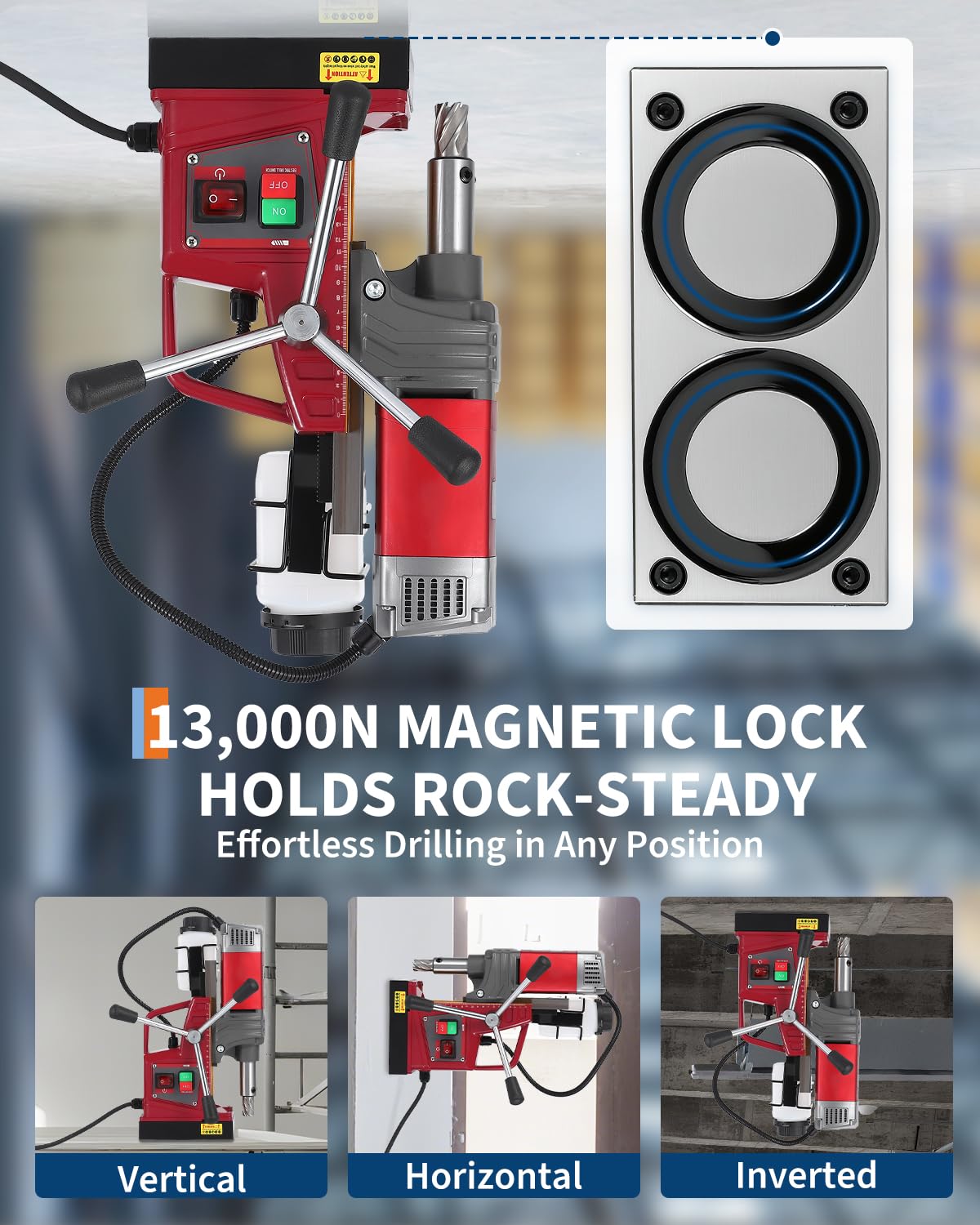 Portable Magnetic Drill Press with Adapter, 1.57" Boring Diameter, 1450W, 820RPM, 13000N, Double Dovetail Guide Electric Mag Drill Kits for Drilling in Metal, Steel, Iron