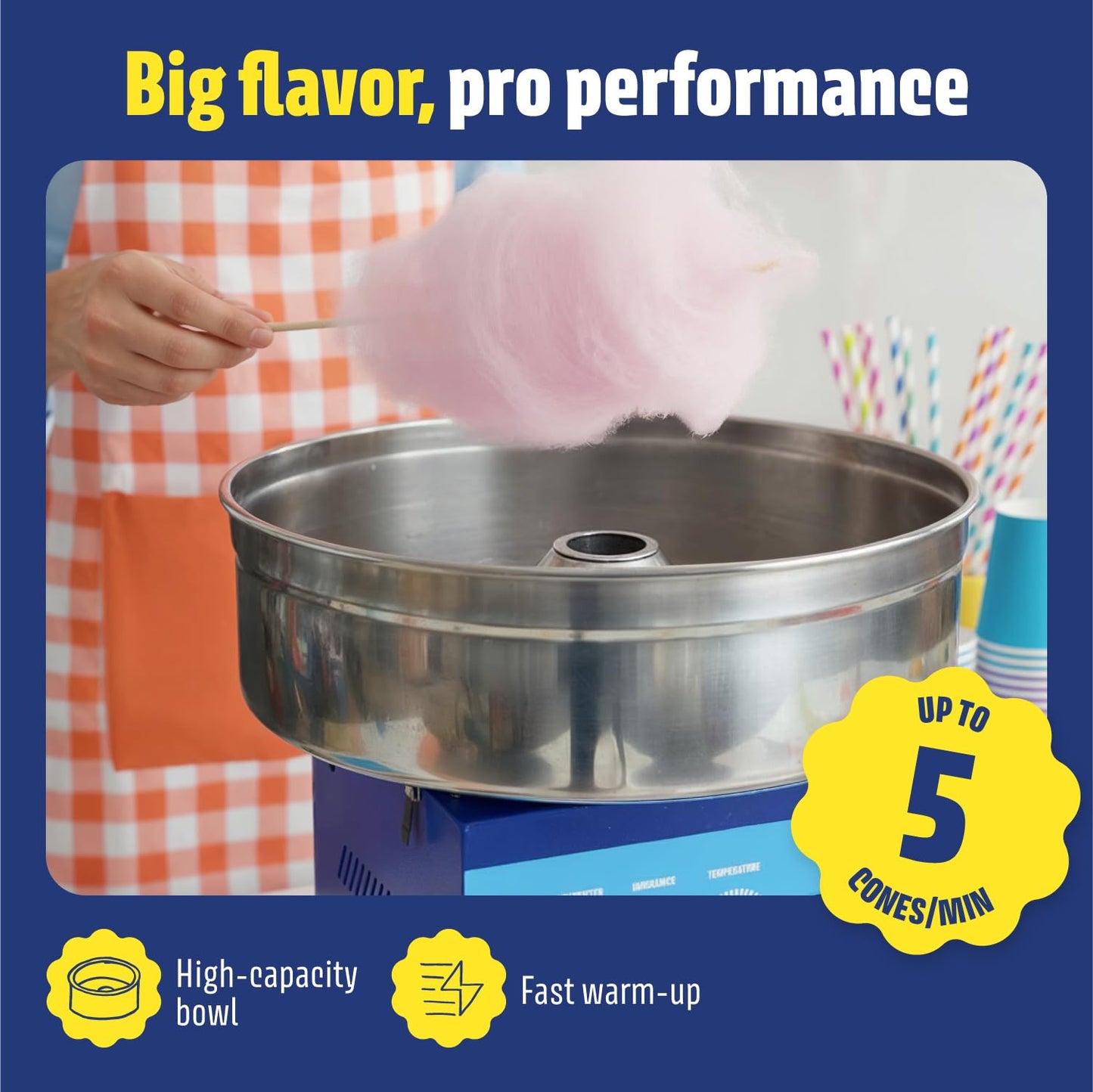 Wumple - Cotton Candy Machine Pro Bundle, Large Stainless Steel Bowl & Drawer, Includes 3 Flavored Sugars and 70 Cones for Parties and Business (Blue)