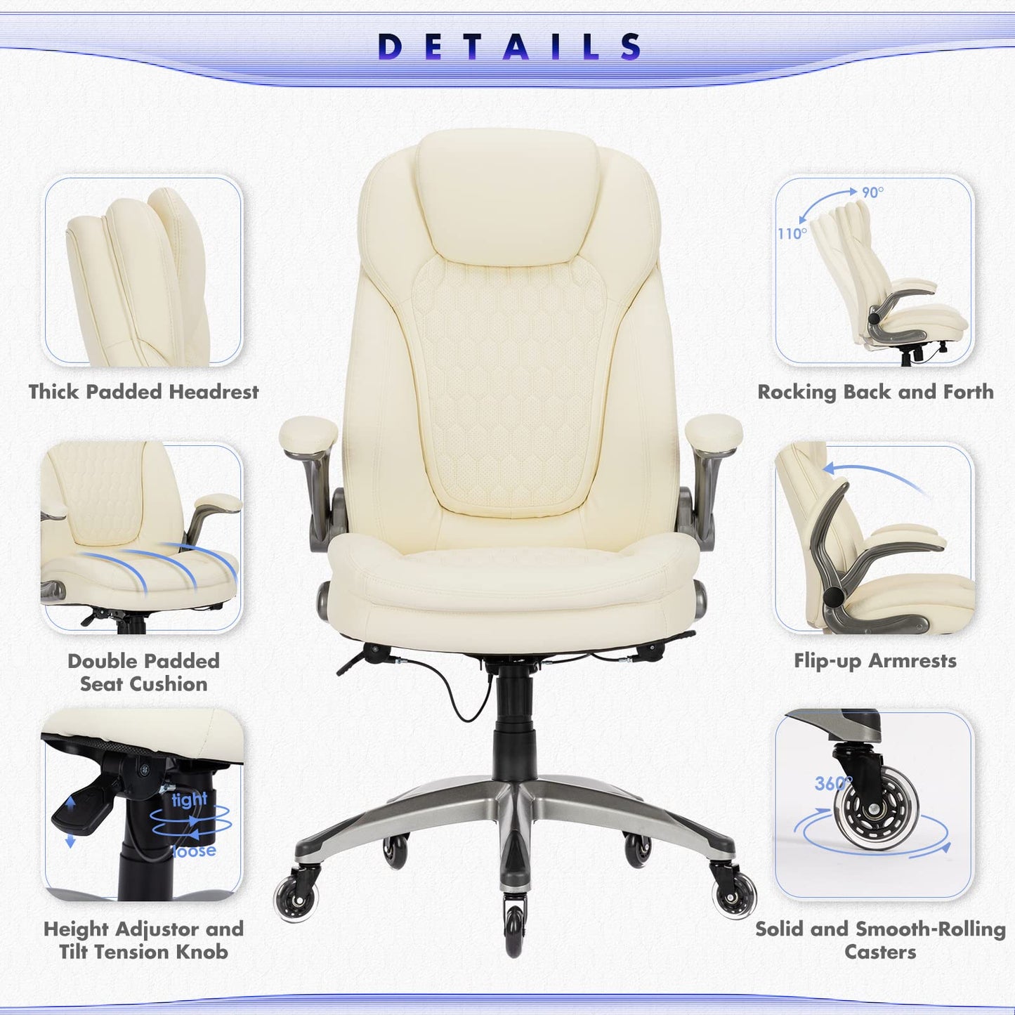 Executive Office Chair-Ergonomic Computer Desk Chair with Upgraded Caster for Swivel, High Back Office Chair with Padded Flip-up Arms,Leather Chair Thicken Seat for Comfort
