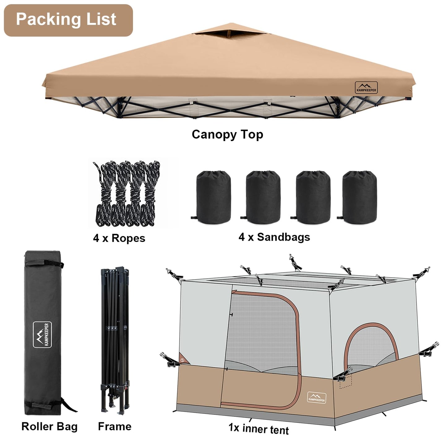 KAMPKEEPER 6-Person 10x10 Pop-Up Canopy Tent with Inner Tent, Waterproof, Portable Camping Shelter with Vented Roof, Adjustable Instant Canopy Height for Camping, Khaki