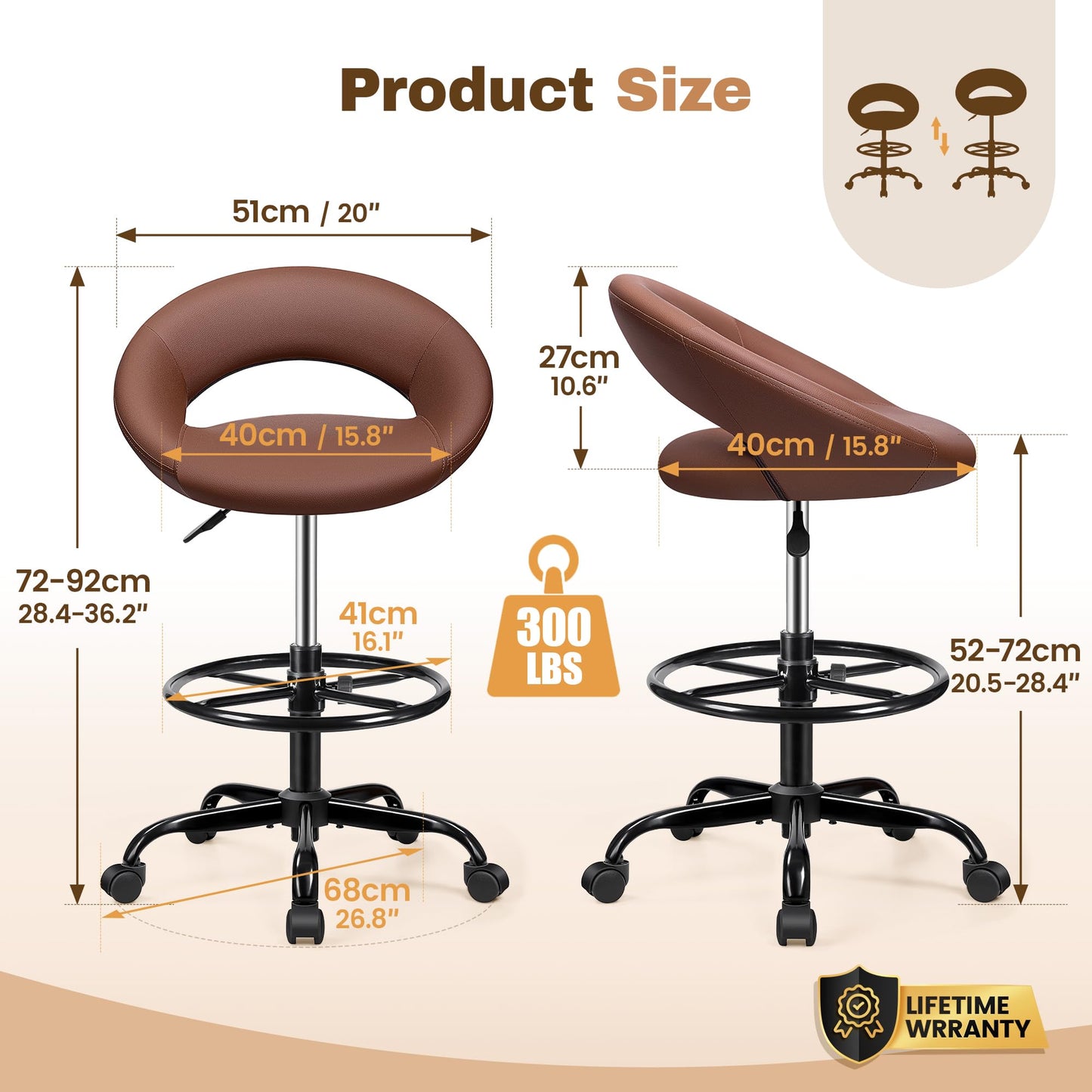 BESTFAIR Drafting Chair with Back, Height Adjustable Rolling Stool with Foot Rest, Tall 360° Swivel Stool PU Leather Chair with Wheels for Home Office, Standing Desk, Brown