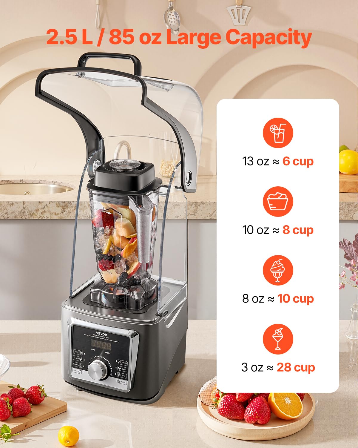 VEVOR Blender for Smoothies, 85 oz 1400W, Professional Blender with Powerful Motor, Multi-Functional Food Processing with Noise Cover for Smoothie/Milkshake/Juice, Fits for Kitchen