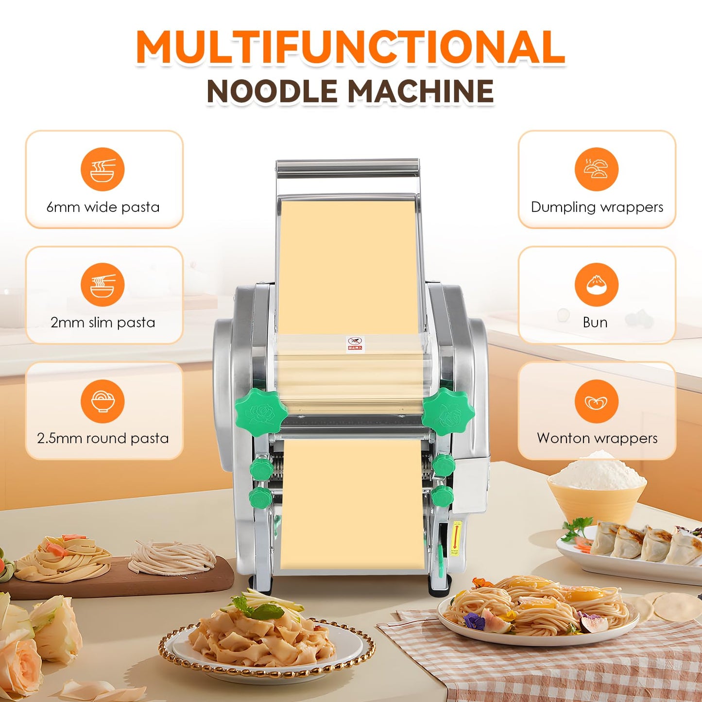 NEWTRY Commercial Pasta Maker Machine Electric Dough Roller Noodle Making Machine with 2/6mm and 2.5mm Round Blade Thickness Adjustable for Fettuccine Pasta 110V