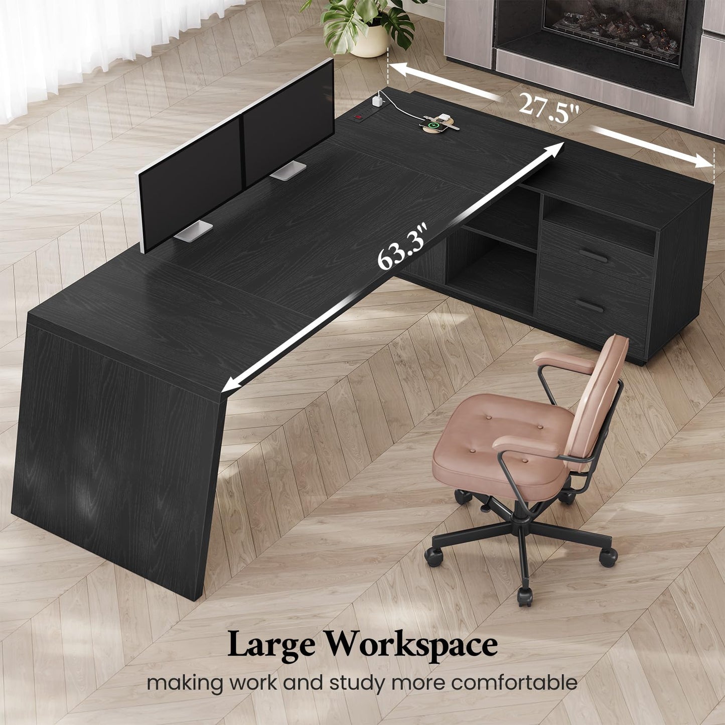 ANGRYWIN 78 inch L Shaped Executive Desk with Power Outlets, Large Home Office Desk with Storage Drawers and File Cabinet, Modern Computer Desk with Shelves, Black Business Furniture