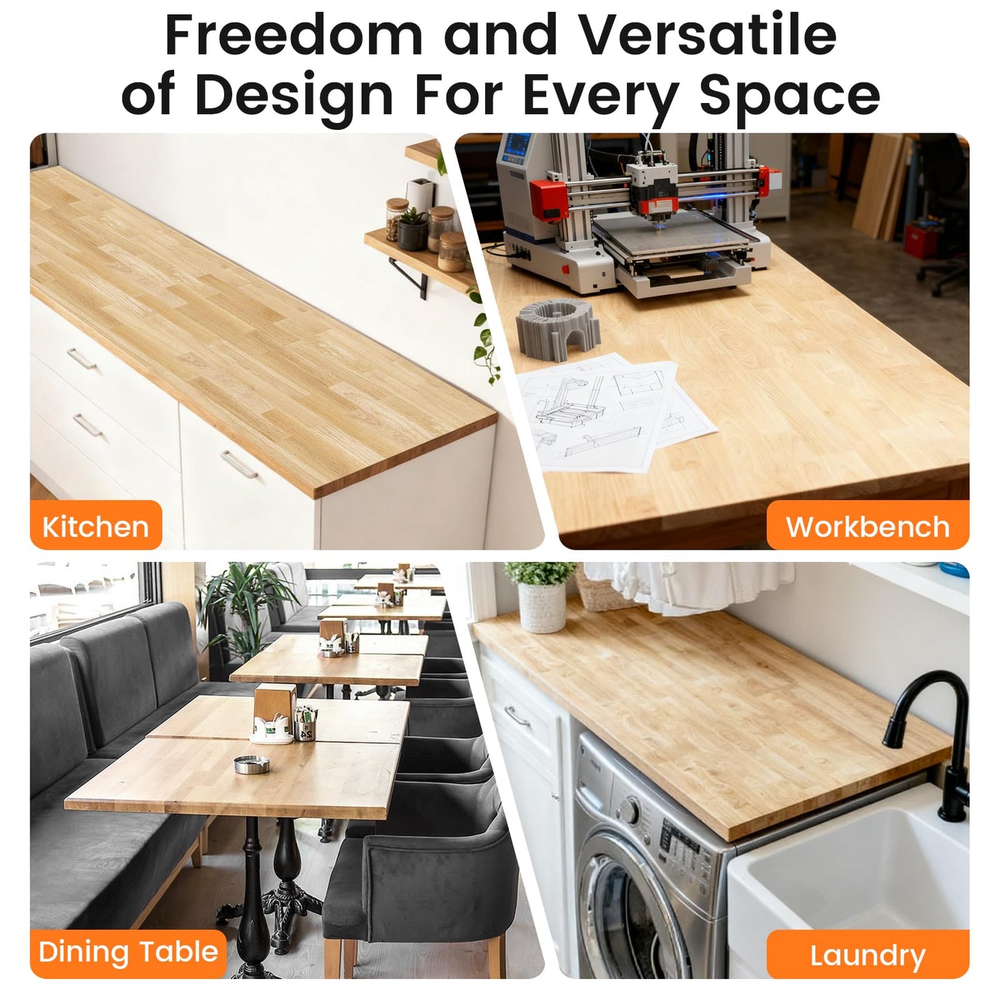 Butcher Block Countertop, Solid Wood Table Top - 3ft Unfinished Birch Work Bench Top Cut to Size for DIY Desktop/Washer Counter/Office Desk/Kitchen Island/Living and Dining Room Tables 36x25x1.5 in