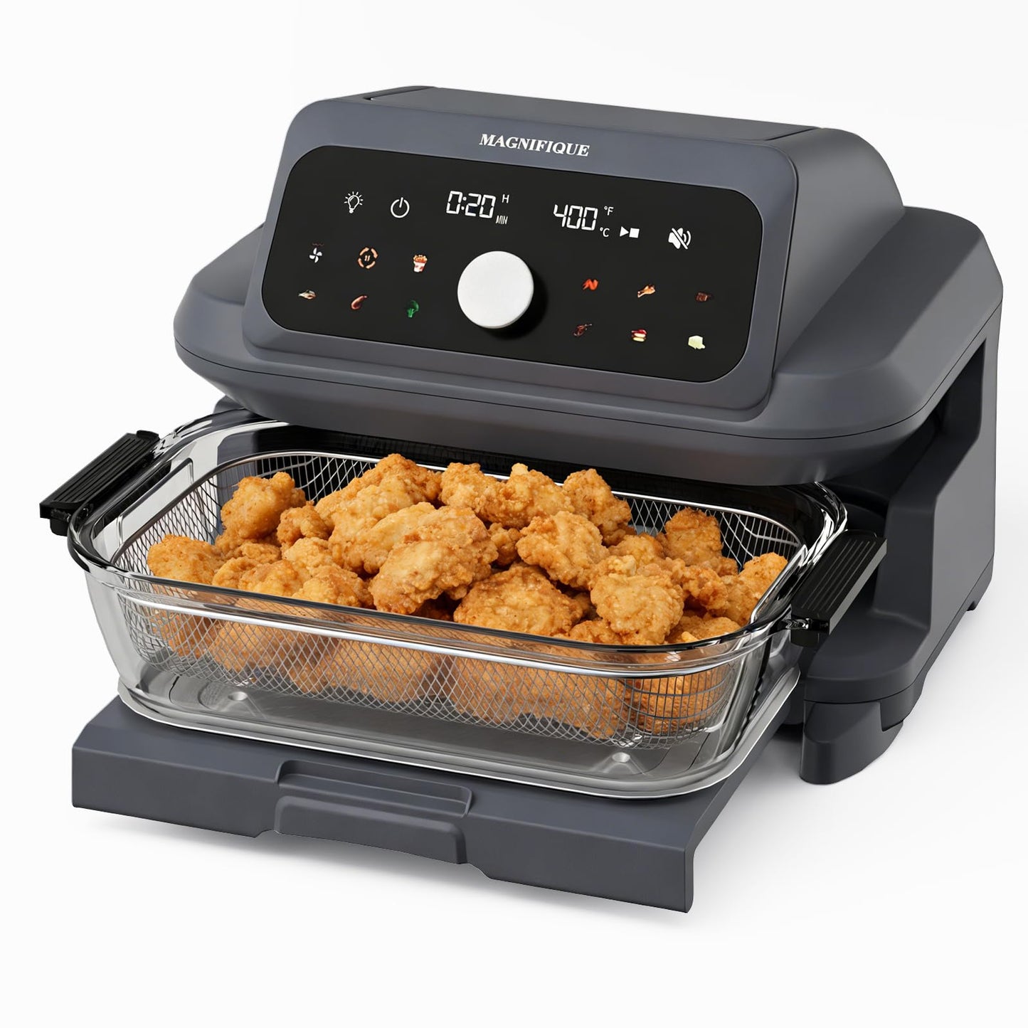 MAGNIFIQUE Casserole Air Fryer 6 Quart Large Capacity, Glass Air Fryer Oven Non Toxic, 12-in-1 Digital Touchscreen, Full Glass Viewing Window, Rapid Hot Air Circulation, Includes Basket & Storage Lid
