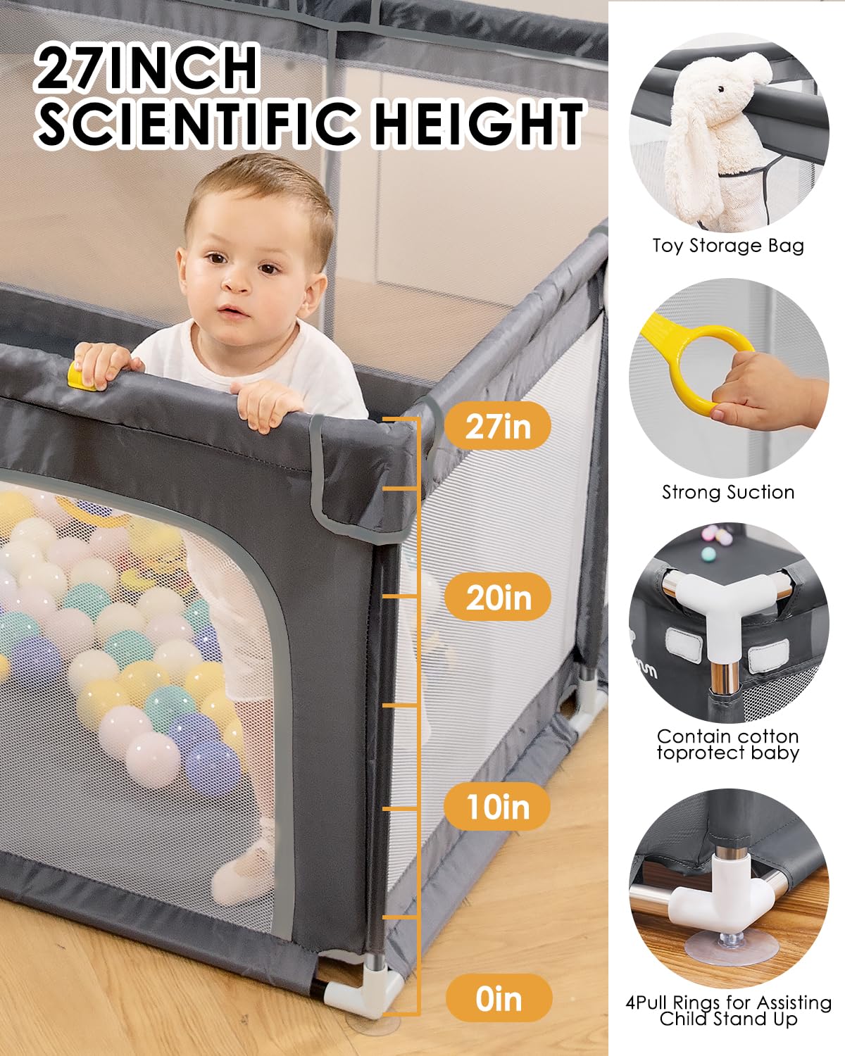 50" x 50" Extra Large Baby Playpen for Babies and Toddlers, Safe with Soft Play Fence, Indoor Safety Yard, Easy to Assemble and Clean (Gray)