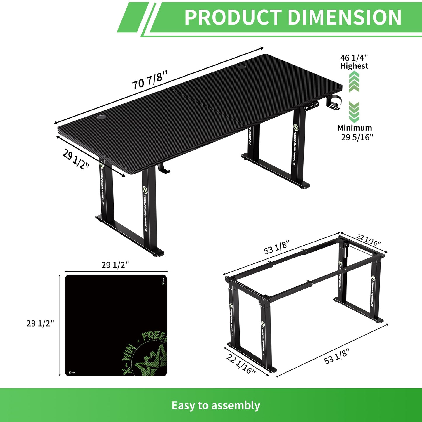 Klobel X-Win Electric Height Adjustable Standing Desk, 71" x 29.5" 4-Leg Ergonomic Sit to Stand for Home Office, Powerful Dual Motor Work Surface, Carbon Fiber Textured Black