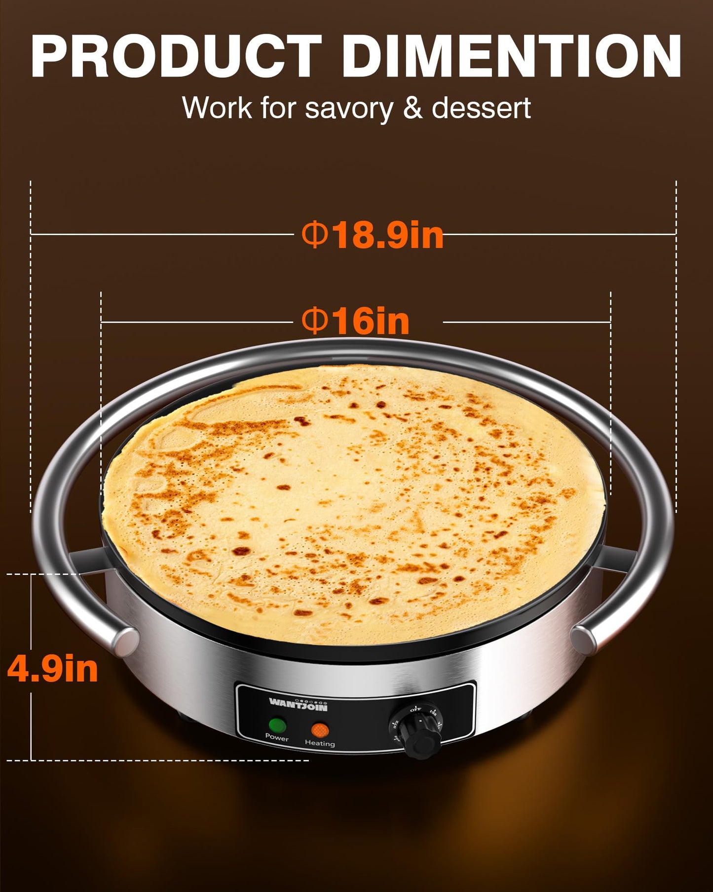 WantJoin Commercial Electric Crepe Maker 16 Inch 110V Non-Stick 1700W Electric Crepe Machine Adjustable Temperature Control 403 Stainless Steel Cooking Base 1700W