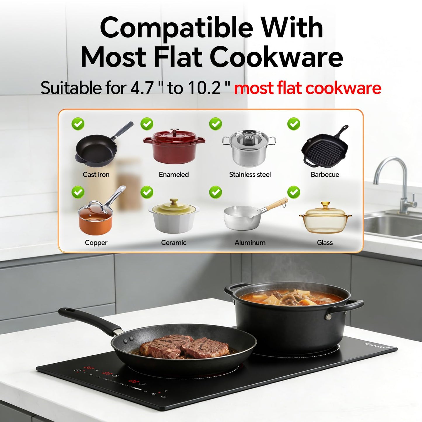 Ranein Electric Cooktop with 2 Burners, 12 inch 3000W 240V Ceramic Panel Electric Cooktop, Multiple Safety Protections Stove, Touch Screen