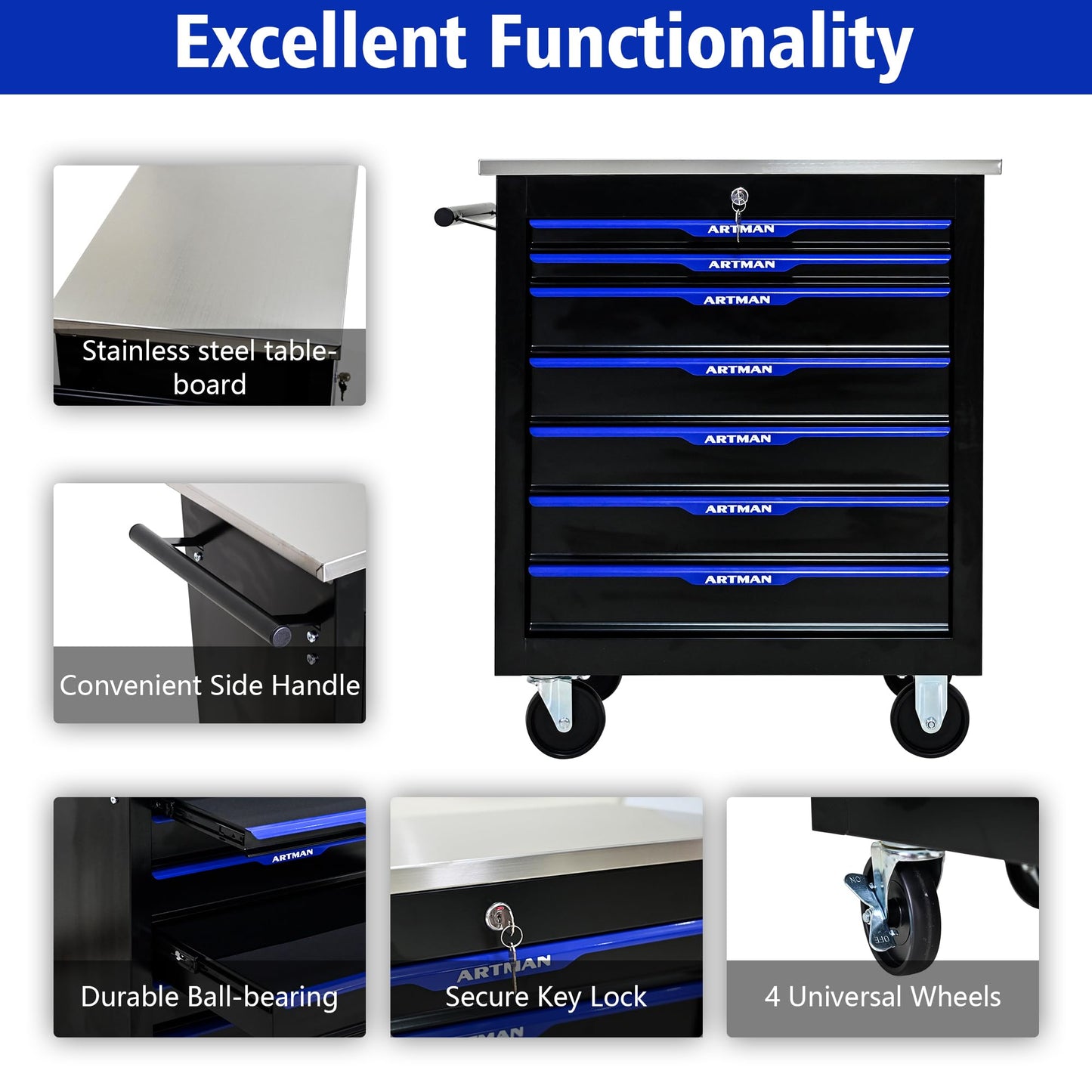 7-Drawer Heavy-Duty Rolling Steel Tool Cart with Handle&Wheels, Metal Storage Organizer Cabinet, Tool Chest for Efficient Tool Storage in Garage, Warehouse, Workshop, Repair Shop, Blue
