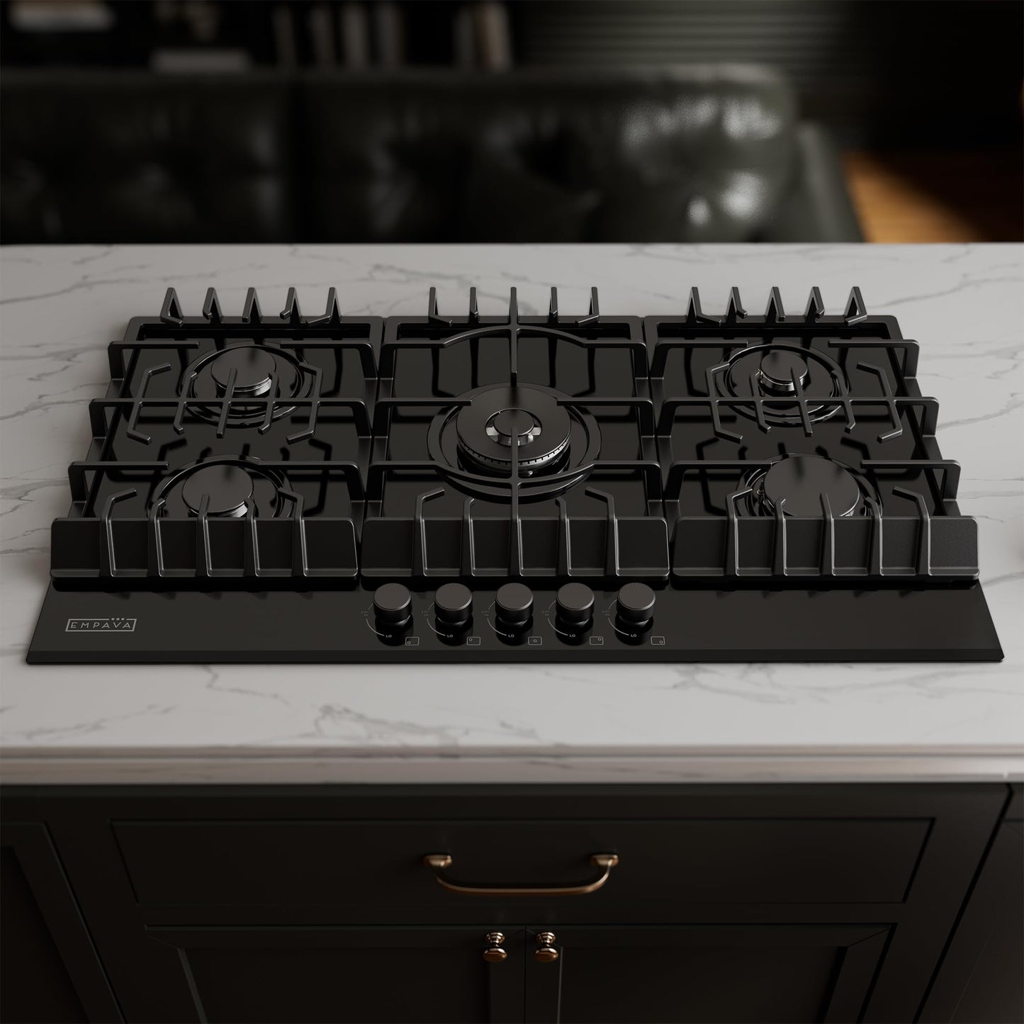Empava 36 Inch Built-in Gas Cooktop with 5 Sealed SABAF Burners, Black Tempered Glass Surface, LPG/NG Convertible, Flame Failure Protection, Dishwasher Safe Grates