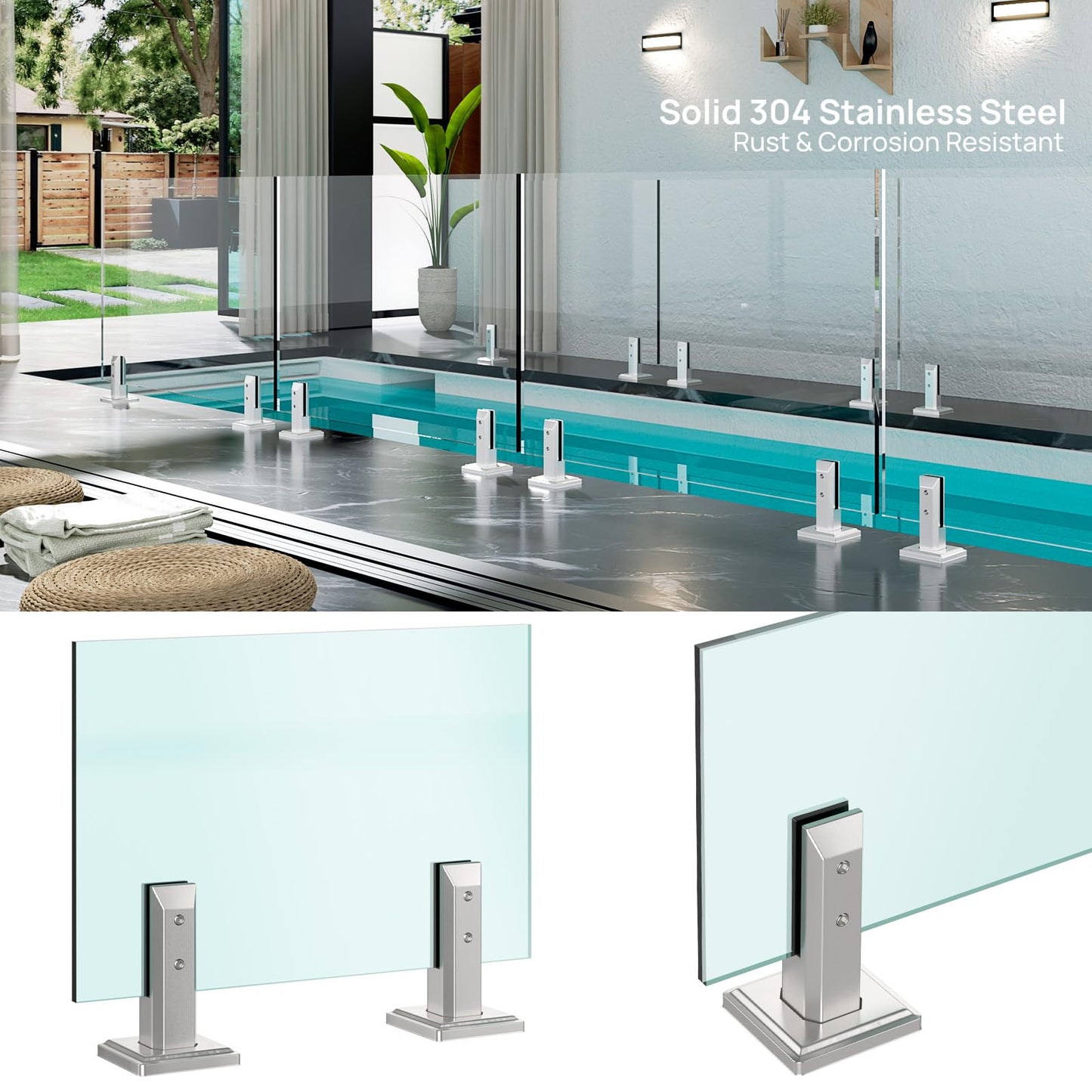 LukLoy 10 Pack 1.7lb T304 Stainless Steel Glass Railing Spigots No-Drill Brushed Spigots Clamps Glass Railing System for Indoor Stairs, Pool Fencing, or Low-Wind Outdoor Use - Level 1