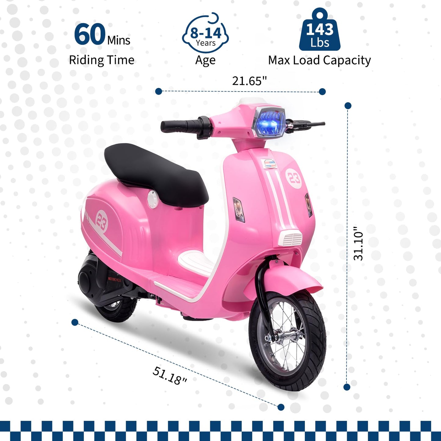 24V Moped Scooter for Kids - Electric Motorcycle for Kids - Electric Scooter with Seat for Children - Ride on Toy with LED Light for Girls