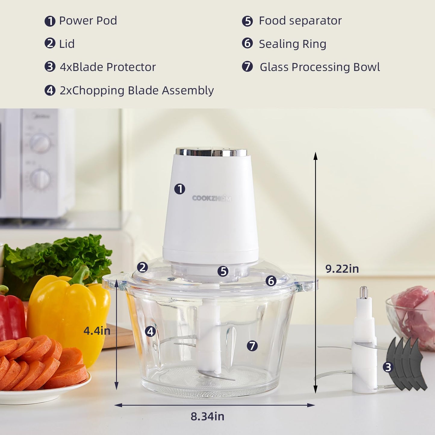 COOKZHOM Food Processor,Electric Food Chopper with 500W Stainless Steel Motor & 4 Sharp Blade Sets,8-Cup Glass Bowl for Meat, Vegetables, Fruits and Nuts