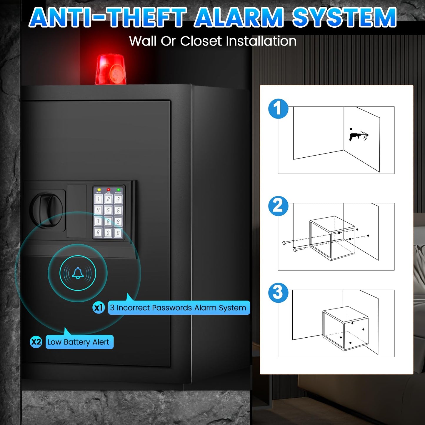 19.69 Inches Tall Safe Box, 3.3 Cuft Home Safe with Fireproof Waterproof Bag, Anti-Theft Digital Security Lock Box with Smart Alert System, Removable Shelf, Mute Function, Document Safes for Jewelry