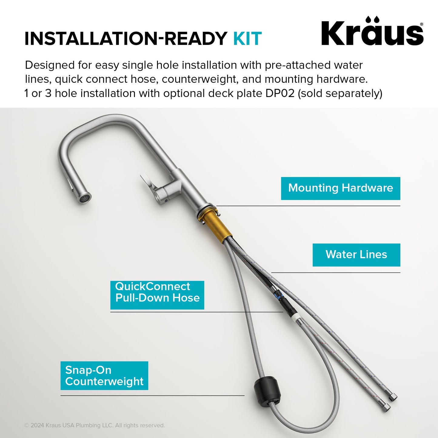 KRAUS Torak Pull Down Kitchen Faucet in Matte Black with 2 Function Sprayer, Pre-Attached Water Lines, and Mounting Hardware, KPF-2841MB