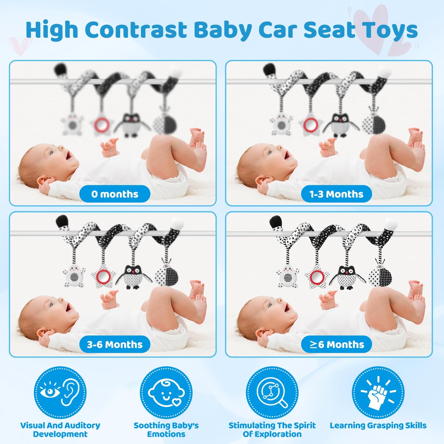AJsupojouet High Contrast Baby Toys - Black & White Hanging Toys for Car Seat, Stroller & Crib | Newborn Essentials 0-6 Months | Perfect