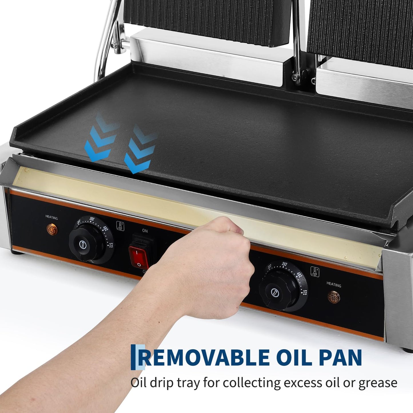 MilleLoom Commercial Panini Press Grill with 19"x 9" Grooved Top and Smooth Bottom Plates for Burgers Steaks Panini, Countertop Electric Sandwich Maker with Adjustable Temp Control, 110V/220V, 3600W