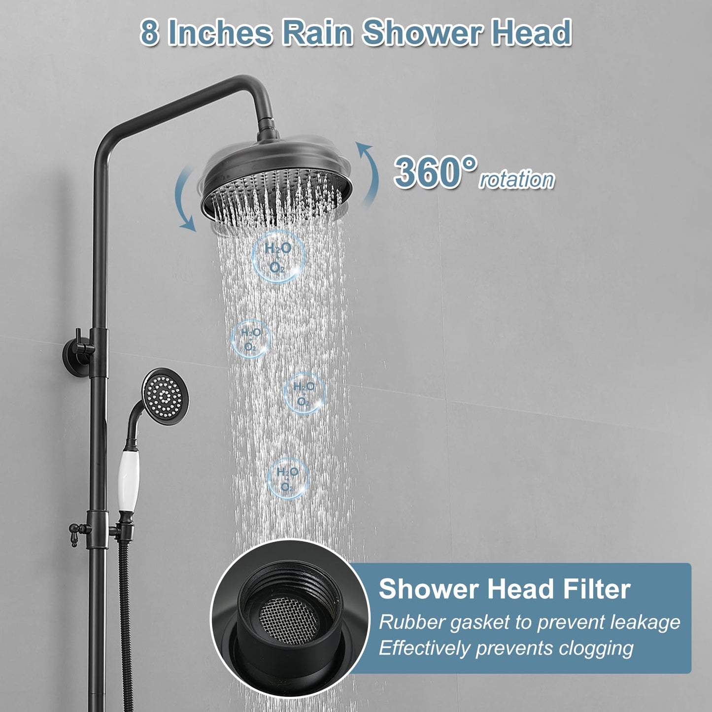 BWE Exposed Bathroom Shower Faucet Set Black Bathroom Shower Faucet Triple Functions 8 Inch Rainfall Shower Head Handheld Spray with Tub Spout Exposed Shower System Double Handle