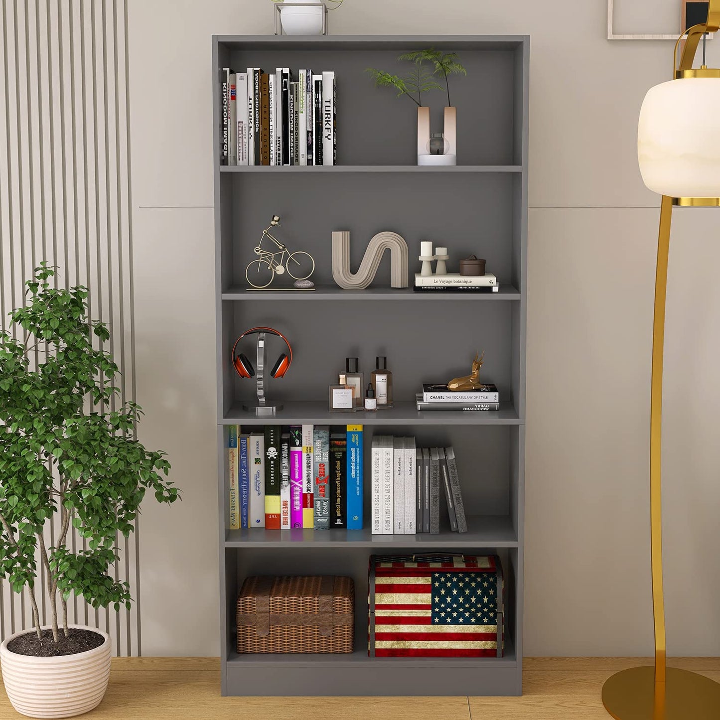 LZ-DONGMAN Wood Bookcase 5-Shelf Freestanding Display Shelf Organizer Wooden Bookshelf for Home Office School (Grey 11.8" D x 31.5" W x 67.9" H)