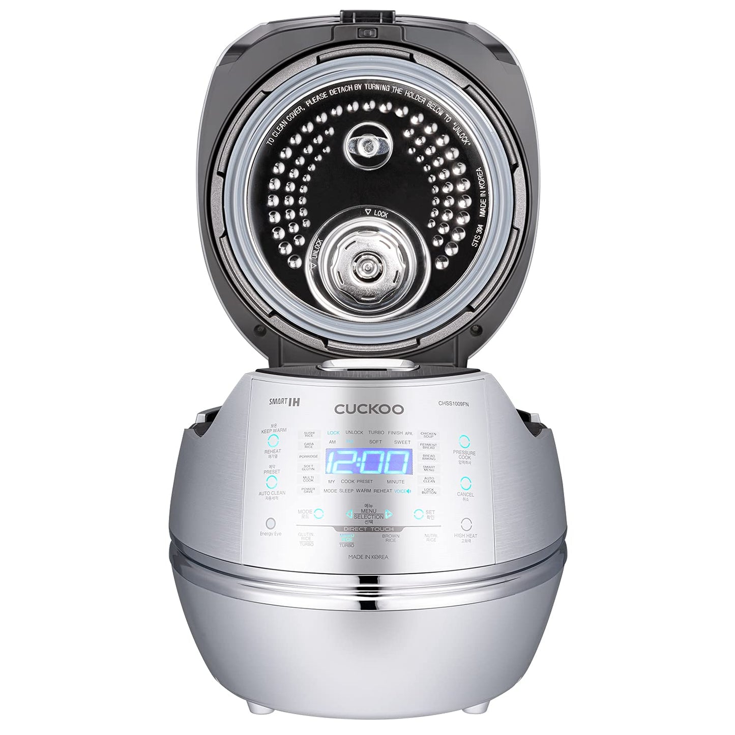CUCKOO High Pressure Rice Cooker 10-Cup Uncooked / 20-Cup Cooked with Induction Heating Technology, Large Rice Maker with 17 Menu Options and Steam Plate, Voice Guide, Silver (CRP-CHSS1009FN)