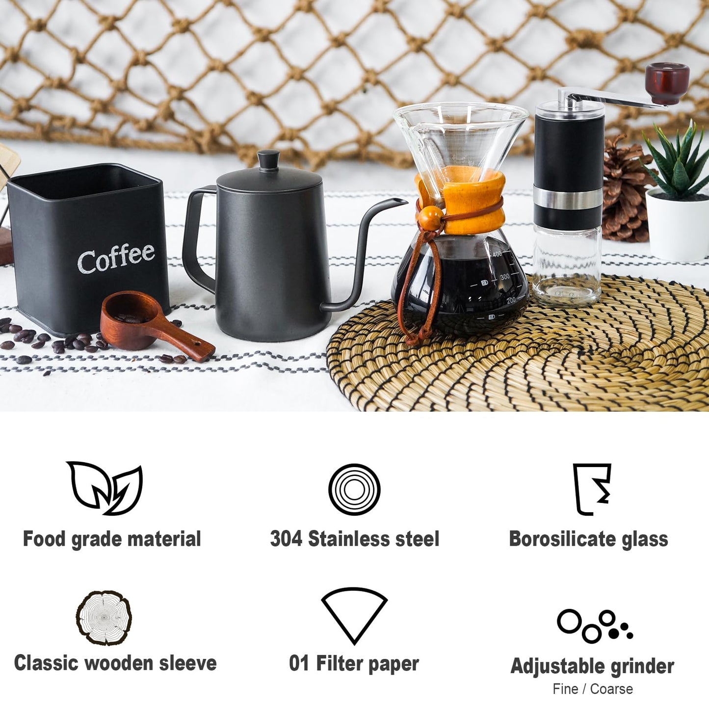 SOTECH Pour Over Coffee Maker Set Portable Pour Over Set-Manual Coffee Grinder Heatproof Glass Coffee Dripper for Traveling Camping