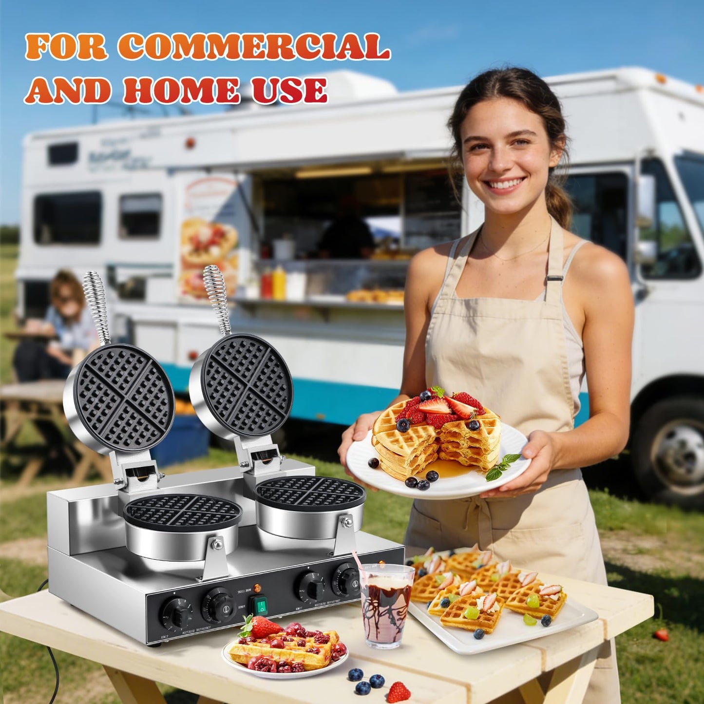 Moongiantgo Commercial Waffle Maker, 2000W Non-Stick Double Head Belgian Waffle Maker Waffle Iron Stainless Steel with Temp & Timer Control, Electric Baker Machine for Home Kitchen Food Trucks, 110V