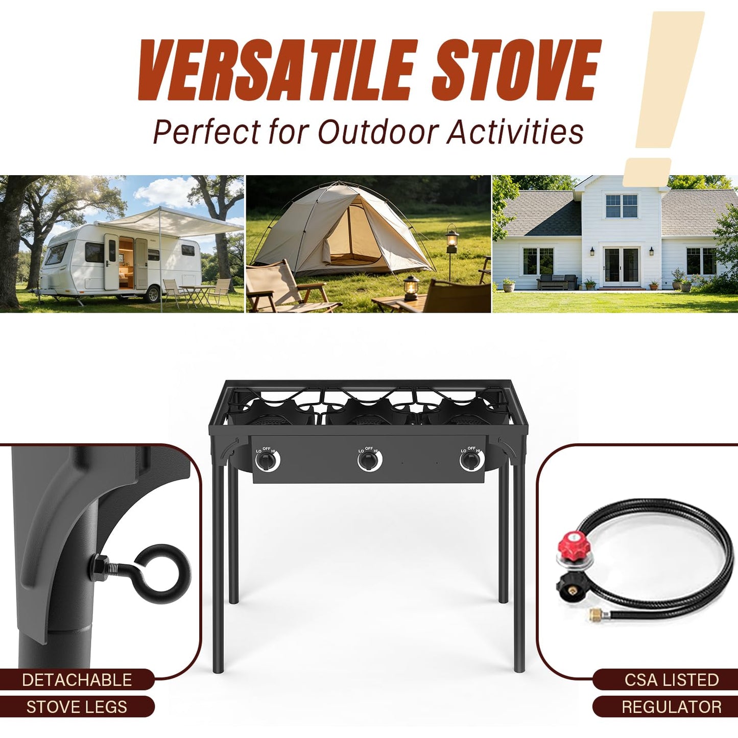 3 Burner Propane Gas Stove with Dustproof Cover & 20PSIG Regulator, Camp Stoves, 225,000 BTU High Pressure Burner for for Backyard Cooking Camping Home Brewing