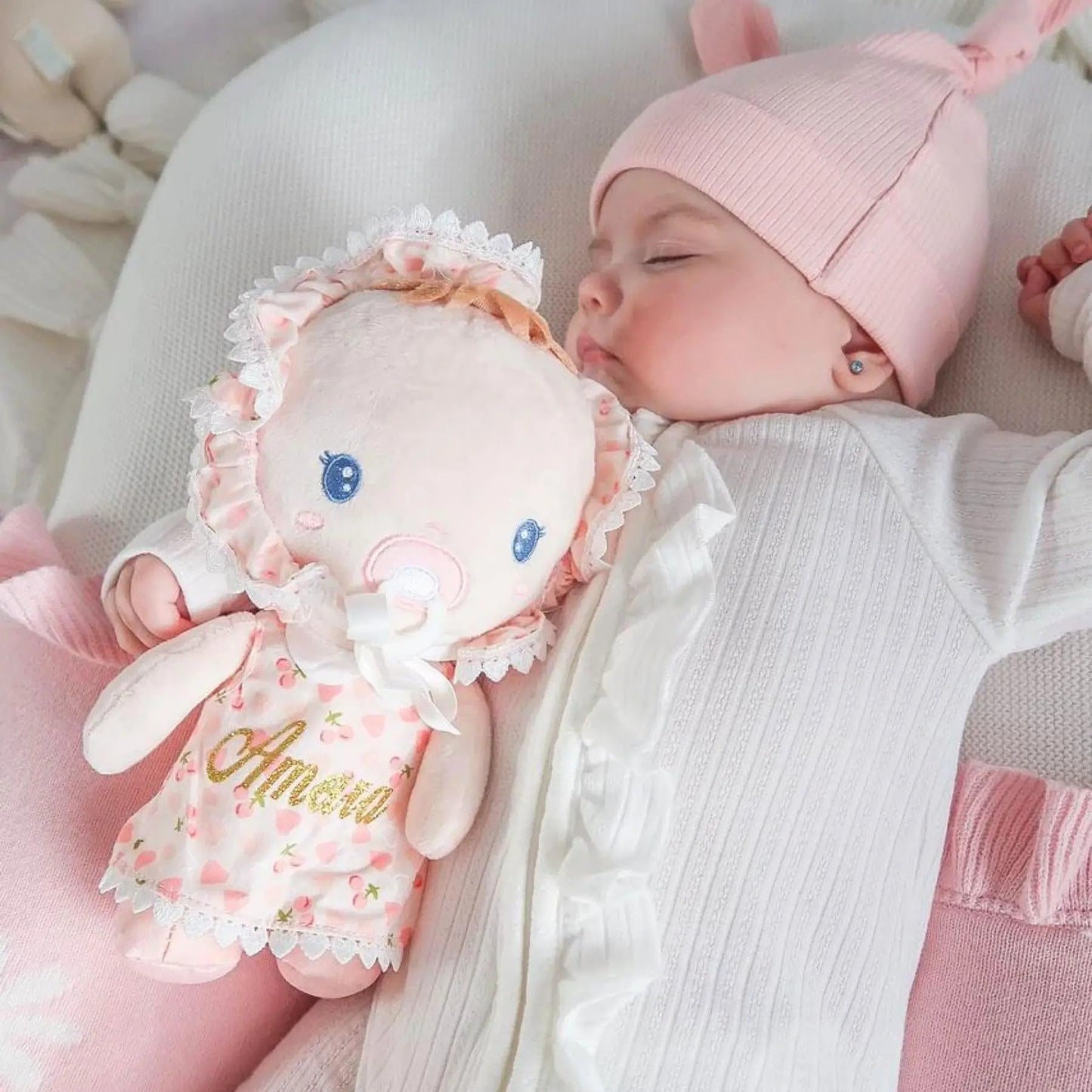 LeyaDoll Soft Baby Doll Set for Toddlers - Personalized Plush Doll Toys with Bassinet, Blanket and Bottle, First Baby Doll Accessories (9'') for Girls Pretend Play and Sleeping Cuddle - Cherry Baby