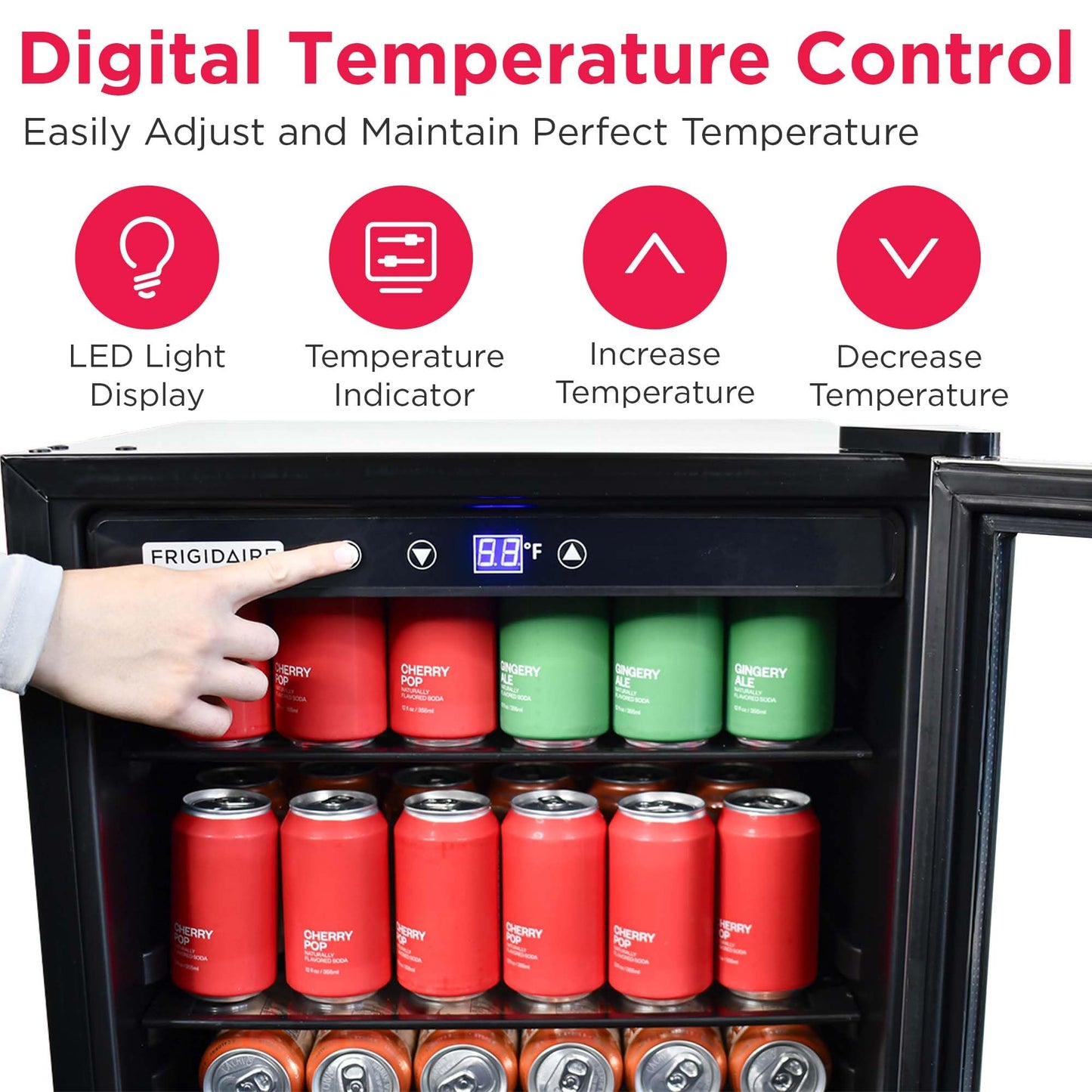 Frigidaire Beverage Refrigerator, Fridge with Glass Door, Compact Mini Fridge with Digital Temperature Control, Fits 115 Cans or 34 Bottles, 96L Capacity - 19.1" D x 17.5" W x 31.2" H