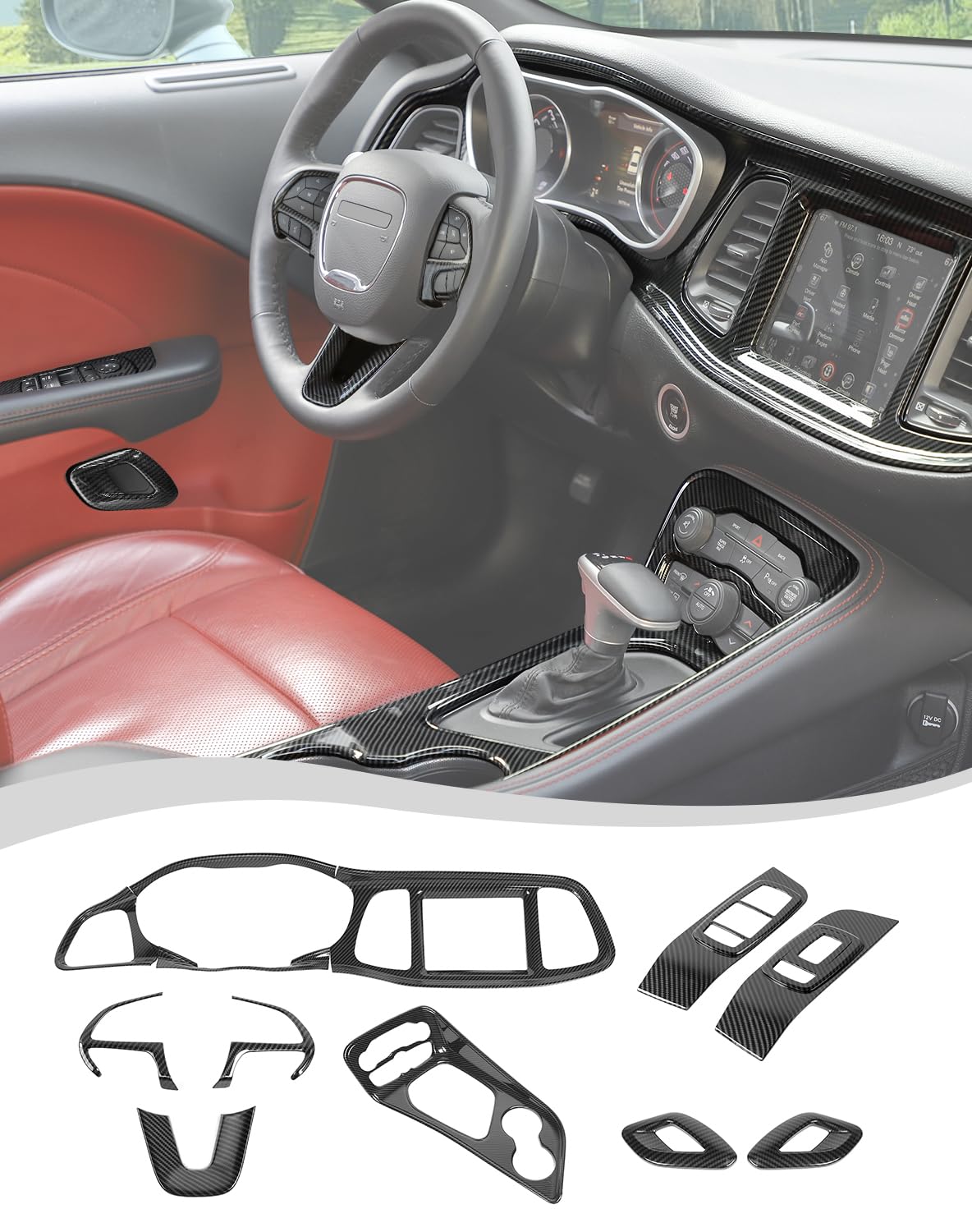 Voodonala Carbon Fiber Interior Trim Kits Compatible with Dodge Challenger 2015-2024, Center Console Dash Gear Shift Steering Wheel Window Lift Control Panel Cover