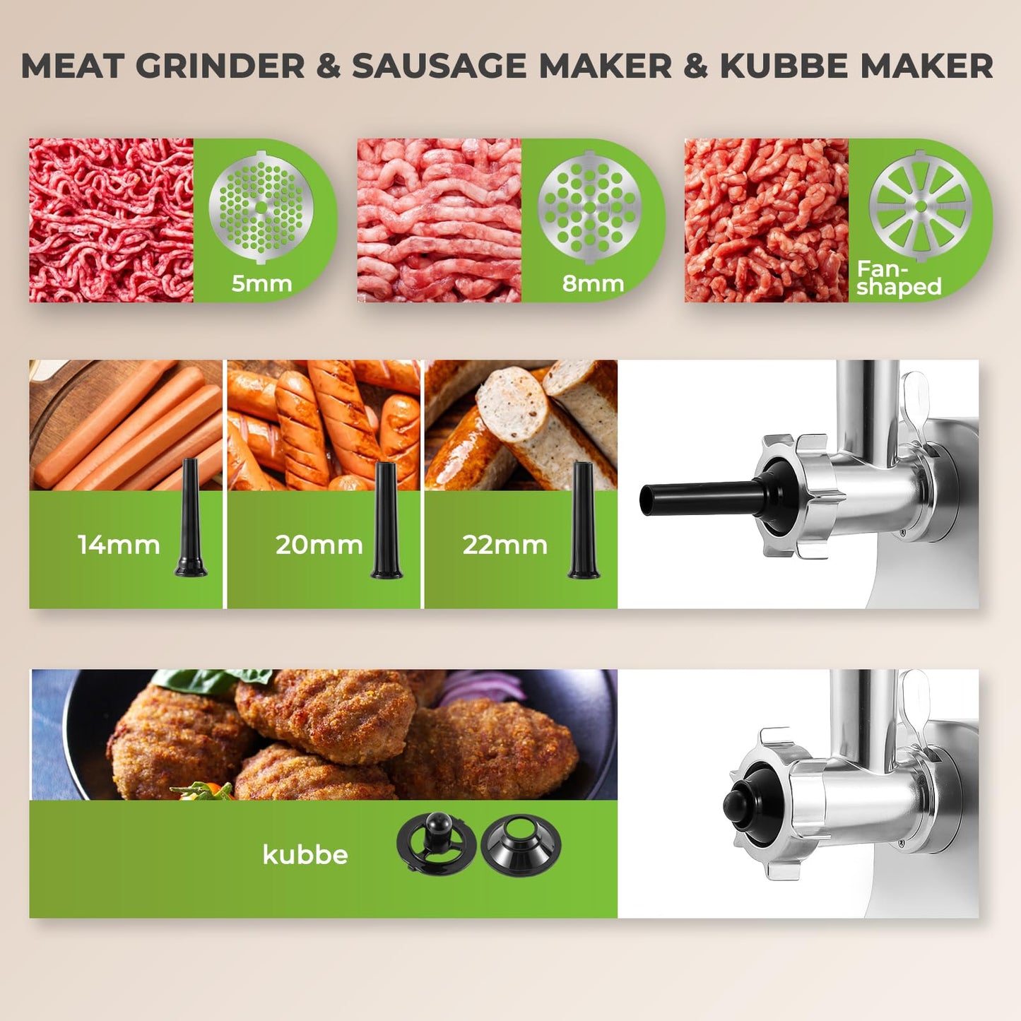 Flyseago Electric Meat Grinder 3200w Commercial Heavy Duty Metal Gearbox Meat Grinder and Sausage Stuffers, Kubbe Kit for Household Use & Commercial