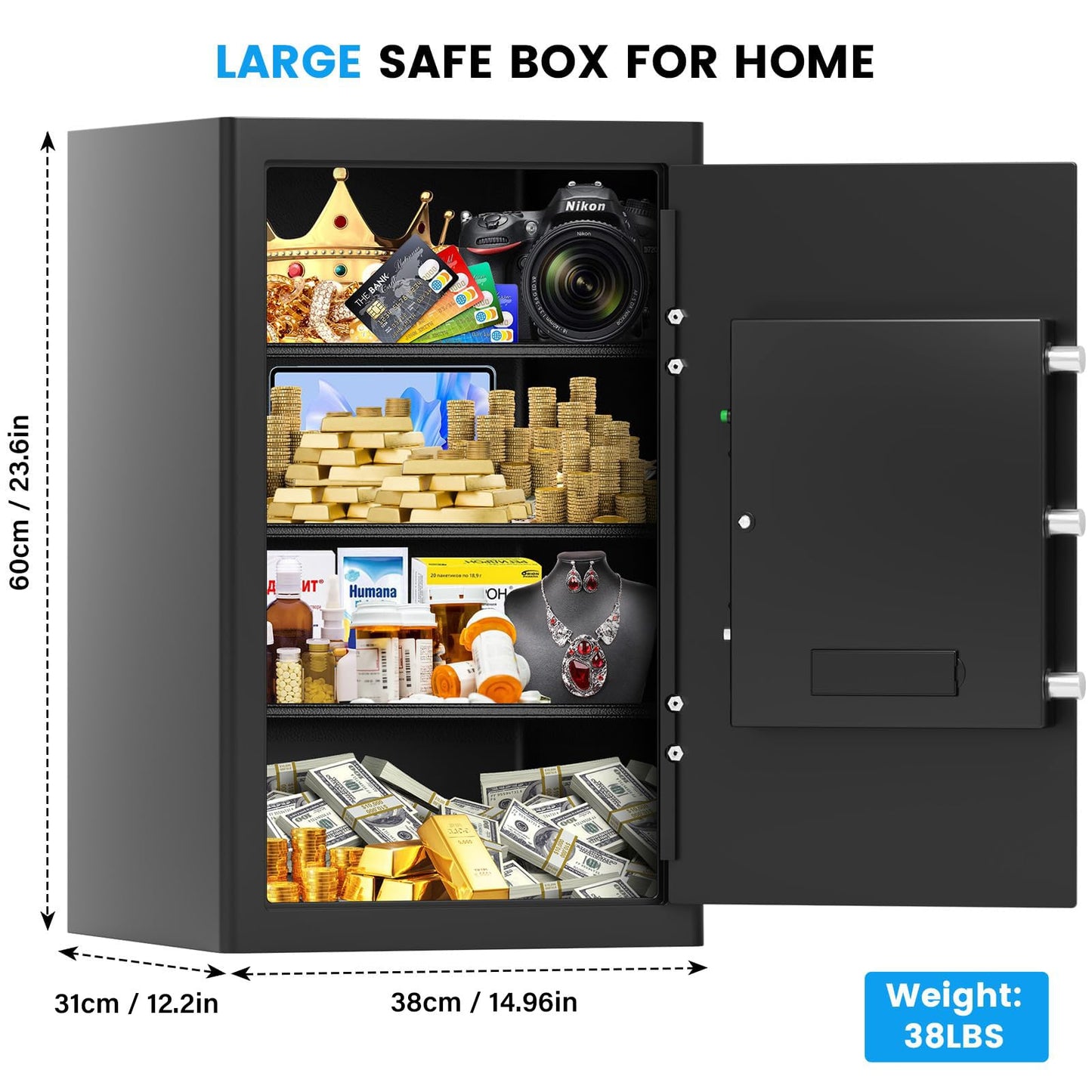 5.0 Cuft Fireproof Safe for Home, Home Safes Water and Fireproof, Safe Box with Digital Combination Lock, Alarm Systerm and Removable Shelf, Fire proof Safes for Home Document Money Valuables