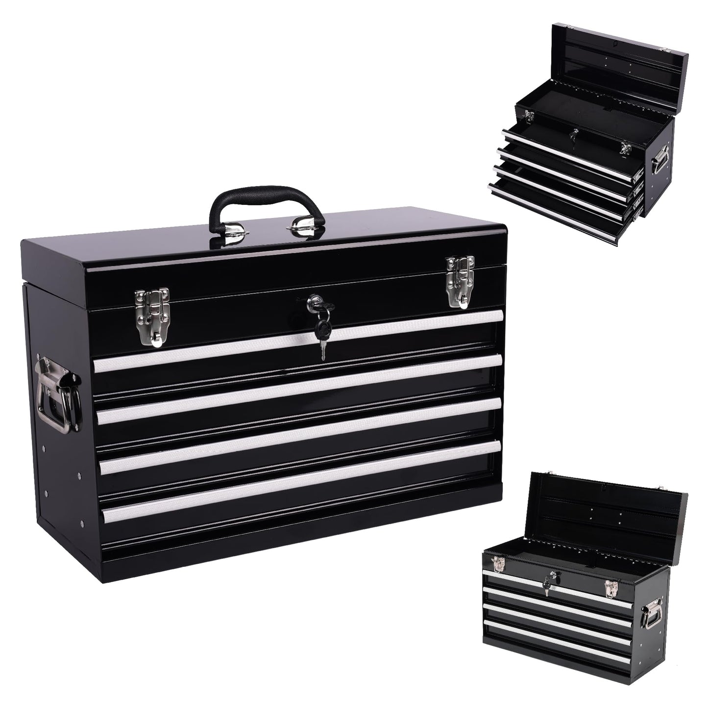 Heavy Duty 21 Inches Metal Tool Box with 4 Drawers - Portable Locking Tool Chest with Ball Bearing Slides, Powder Coated Steel & EVA Liners - Multi-Function Garage & Workshop Organizer (Black)