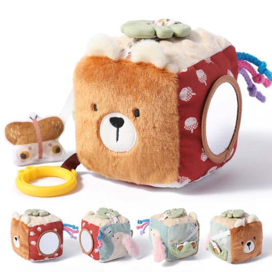 let's make Bear Baby Activity Cube for Babies 0-12 Months, Soft Activity Block Toy with Food-Grade Teether & Baby-Safe Mirror, Tummy Time Crinkle Toy for Infants Boys Girls