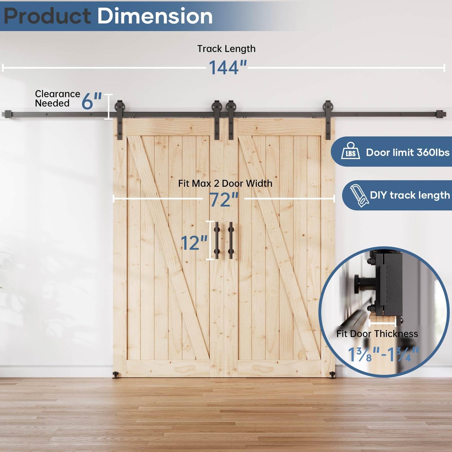 EaseLife 12FT Double Door Sliding Barn Door Hardware Track Kit & Handle,Big Industrial Spoke Wheel,Wall Mount,Slide Smoothly Quietly,Easy Install,Black,144" Track Fit for 68-70" Wide Opening (No Door)