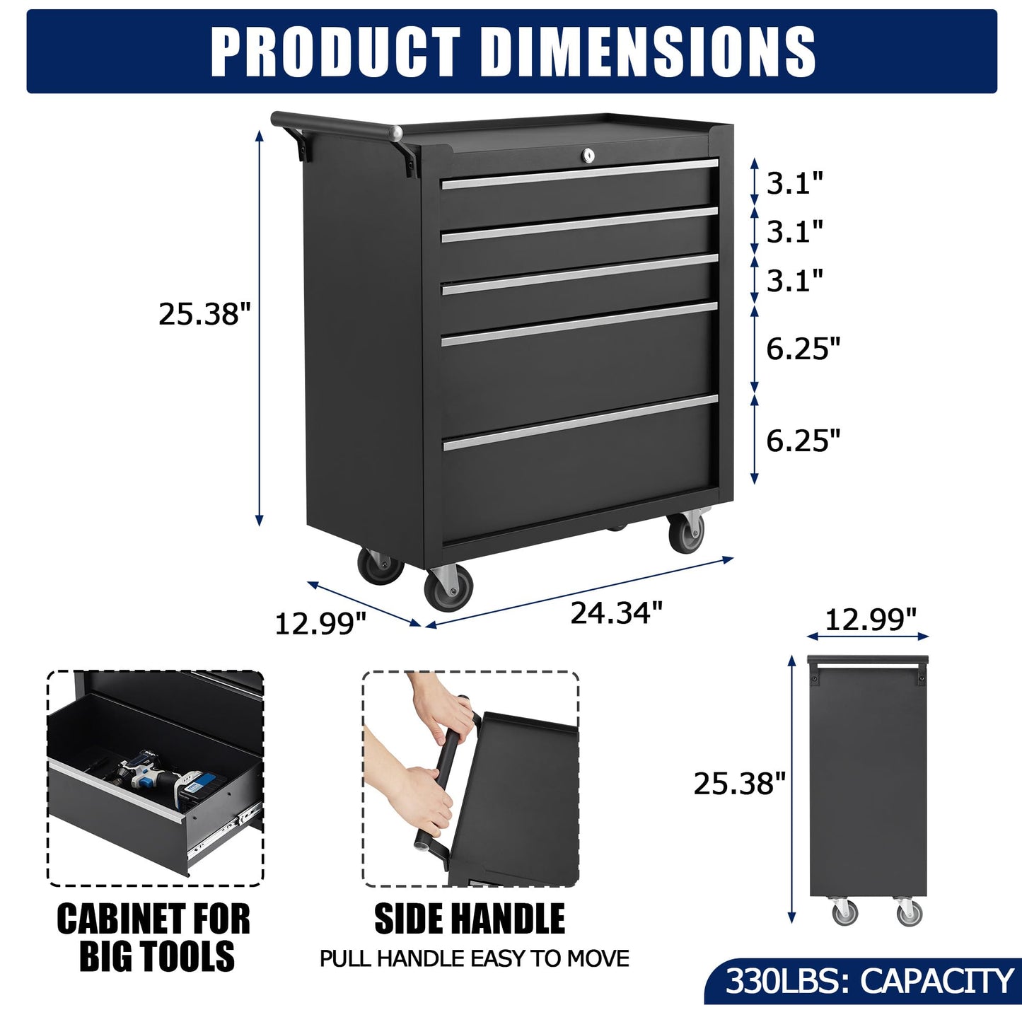 MilleLoom Professional Workstation Version 24" 5-Drawer Rolling Tool Chest - Lockable Storage Cabinet with Wheels for Workshop & Garage Organization