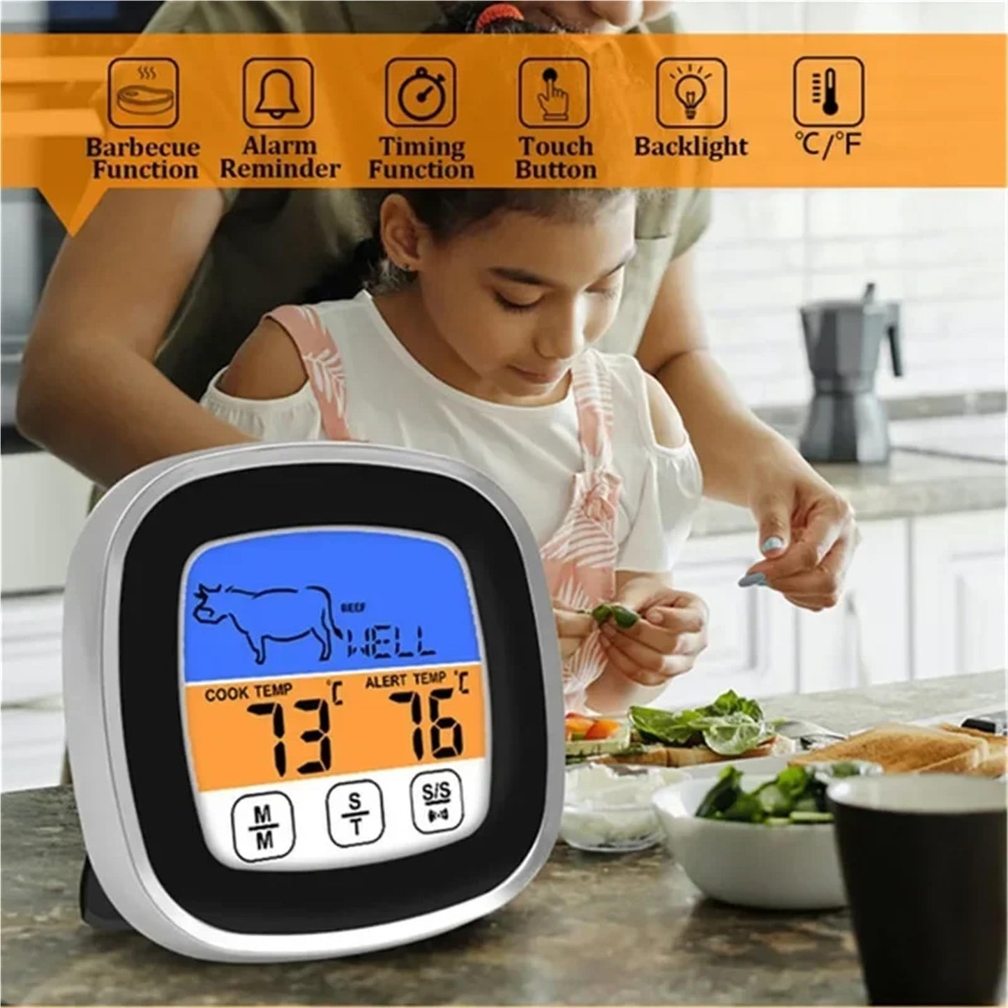 Digital Meat Thermometer for Oven Remote Read LCD Digital Food Thermometer Meat Probe Kitchen Cooking BBQ(Red)