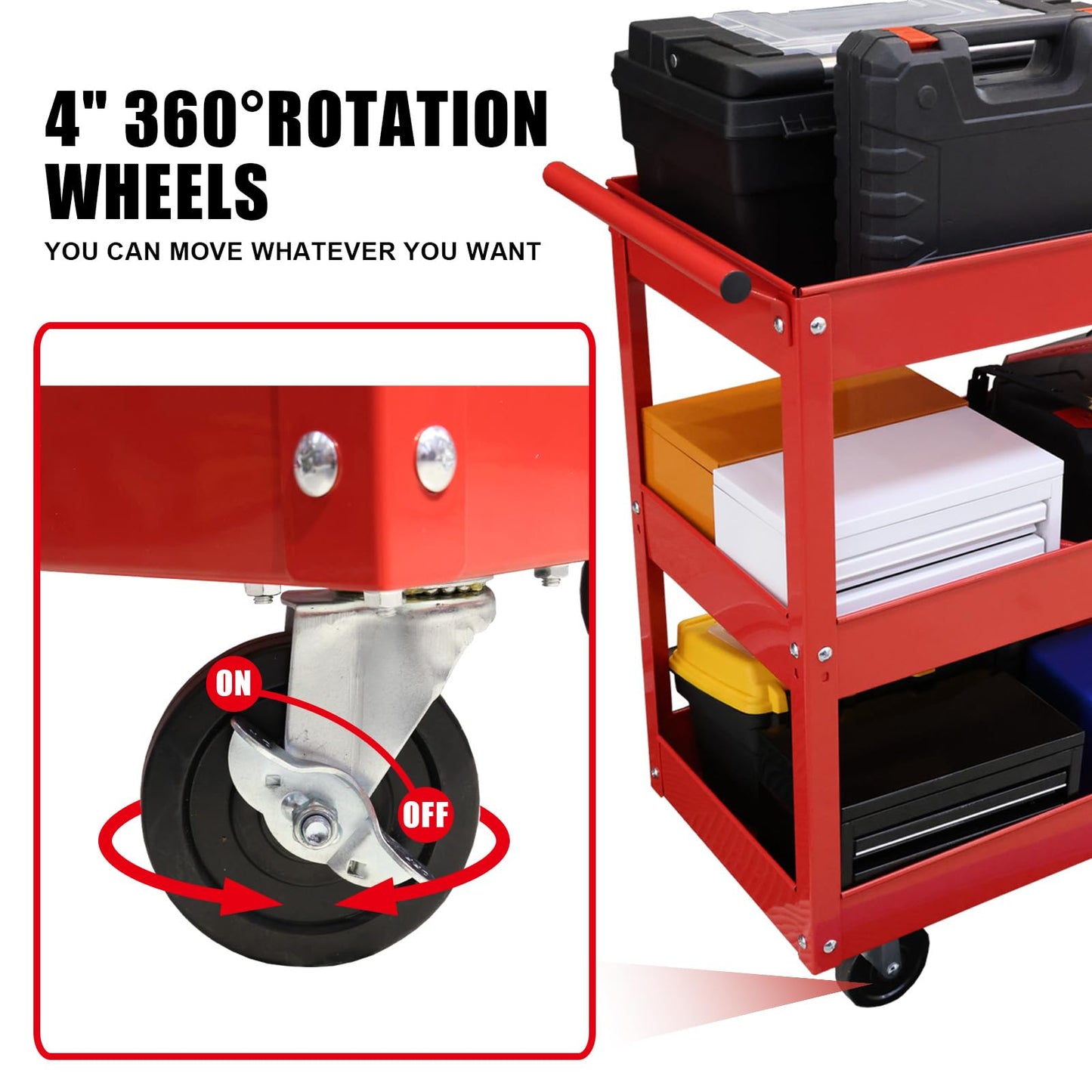 BIG RED Steel Rolling Service Tool Cart with 3 Tires , Heavy Duty Utility Cart on Wheels with Two Brake for Office，Kitchen，warehouse,400 lbs Capacity,Red