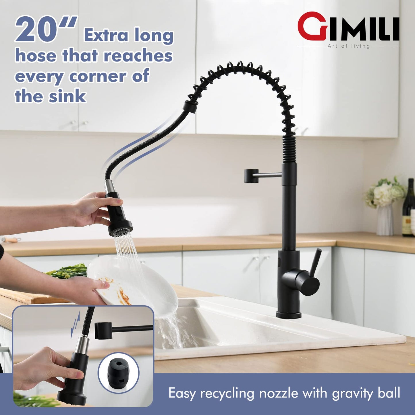 GIMILI Matte Black Touchless Kitchen Faucet Motion Sensor Activated Smart Hands Free Kitchen Faucets with Pull Down Sprayer Single Handle Spring Kitchen Sink Faucet
