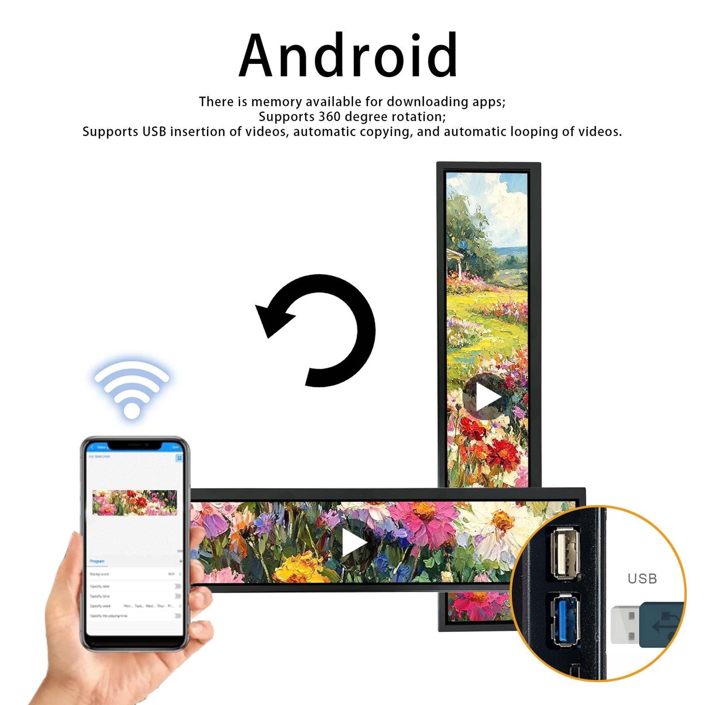 VSDISPLAY 24 Inch Touch Screen 1920x360 IPS Monitor Android 11 Stretched Bar LCD Auto Copy Autoplay as Extra Advertising Display,Supports USB/SD Input