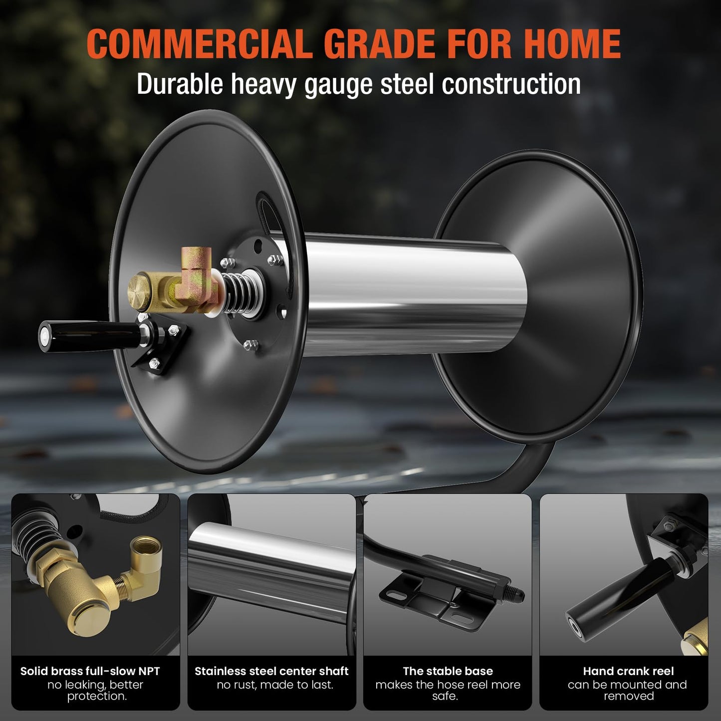 BreAro Pressure Washer Hose Reel, 100FT High Pressure Hose Reel with Hand Crank, 3/8" Heavy Duty Steel Pressure Washer Reel, 4000 PSI Power Washer Hose Reel Swivel Arm for Air/Liquid/Water Use
