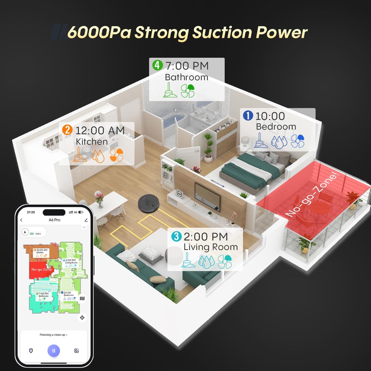 eitton Robot Vacuum and Mop, Self Emptying, 6000Pa Suction, Advanced Smart Mapping, Easy Custom 4 in 1 Robotic Vacuum for Pet Hair, Dust, Carpet, WiFi/Alexa