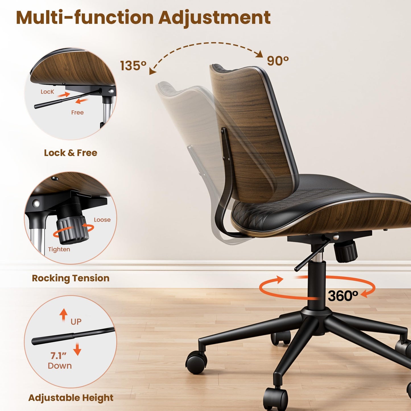 REONEY Home Armless Office Chair with Wheels, Modern Walnut Armless Desk Chair, Adjustable Swivel Rolling Task Chair with Curved Back for Small Space, Reading, Meeting Room, Black