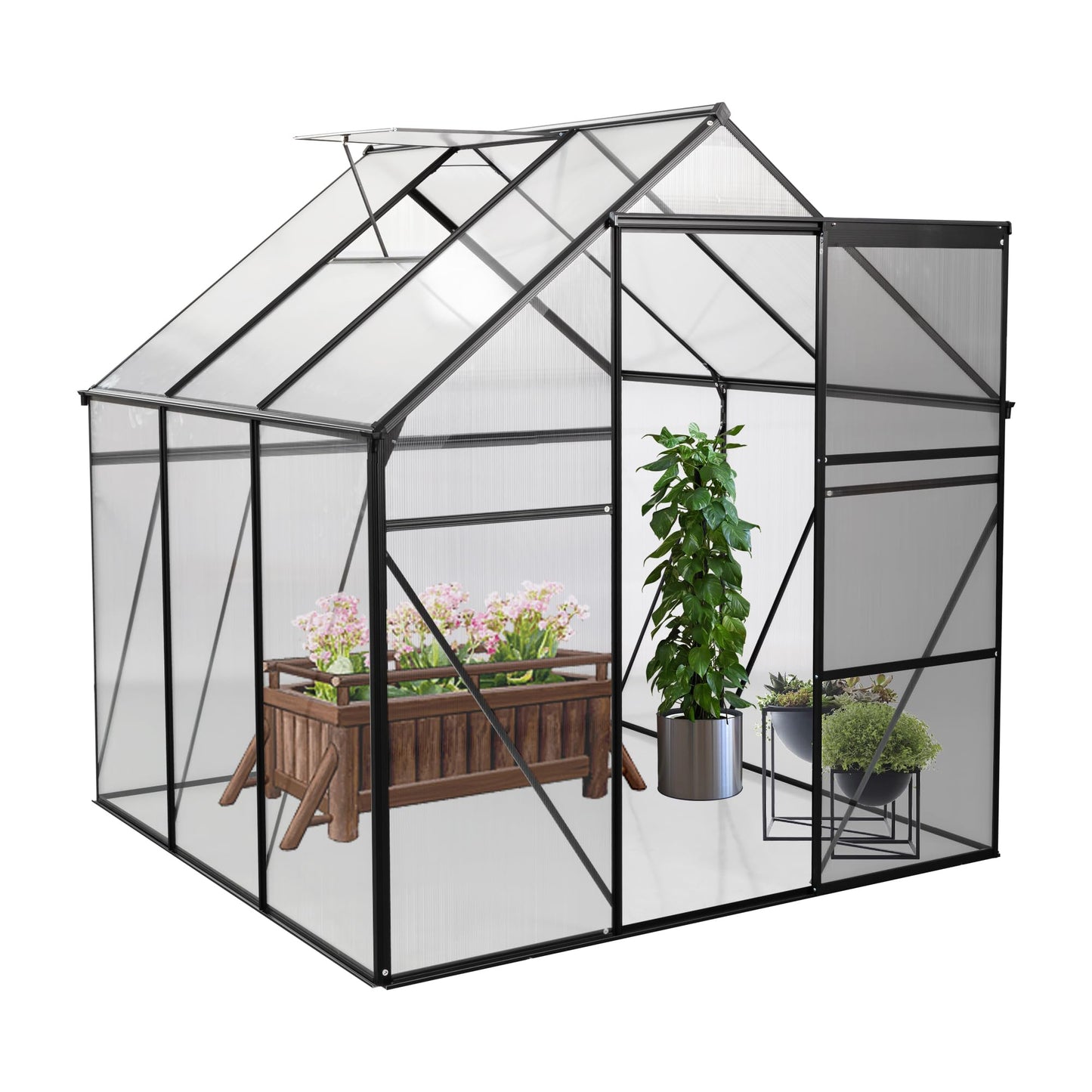 Lovtimber 6X6FT Polycarbonate Greenhouse, All Season Heavy Duty Walk-in Garden Plants Green House for Outdoor Backyard, Raised Base and Anchor Aluminum, Black