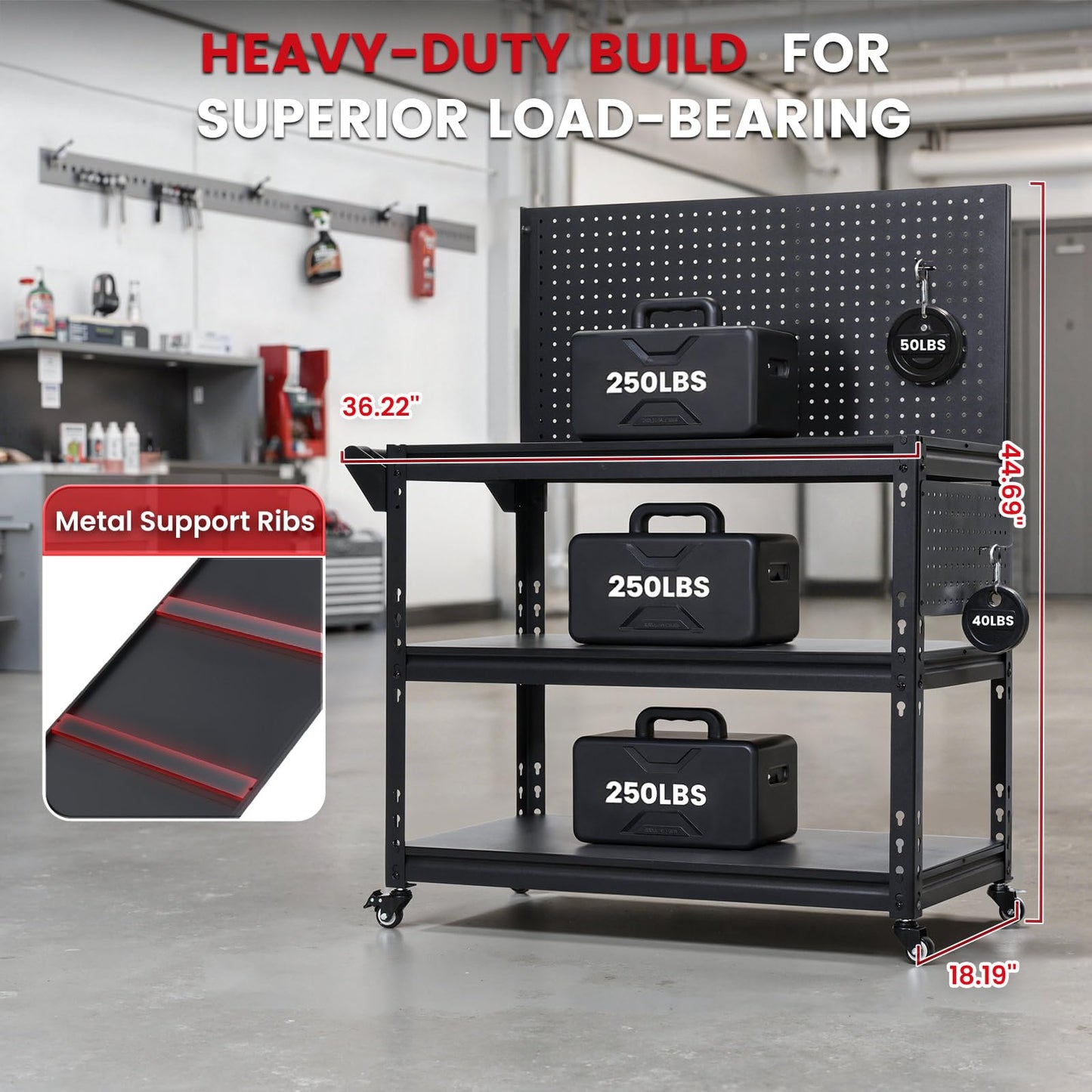 ENJOYWOOD Workbench with Dual Pegboards 3-Tier Adjustable Rolling Work Table Heavy Duty Metal Tool Bench with Push Handle & Wheels Mobile Workstation for Garage, Workshop, Warehouse